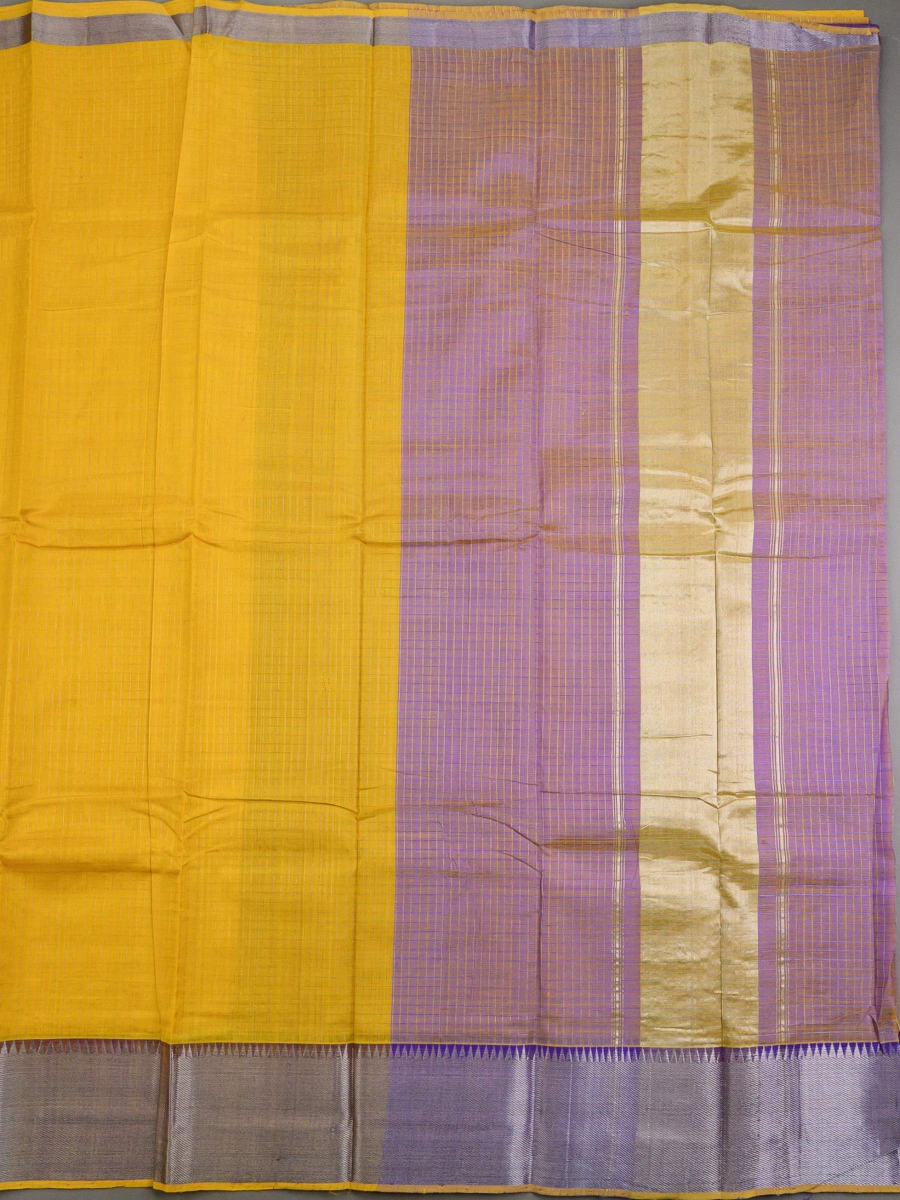 Handloom Mangalagiri Silk Cotton Saree in Yellow and Purple with Tissue Checked Weave