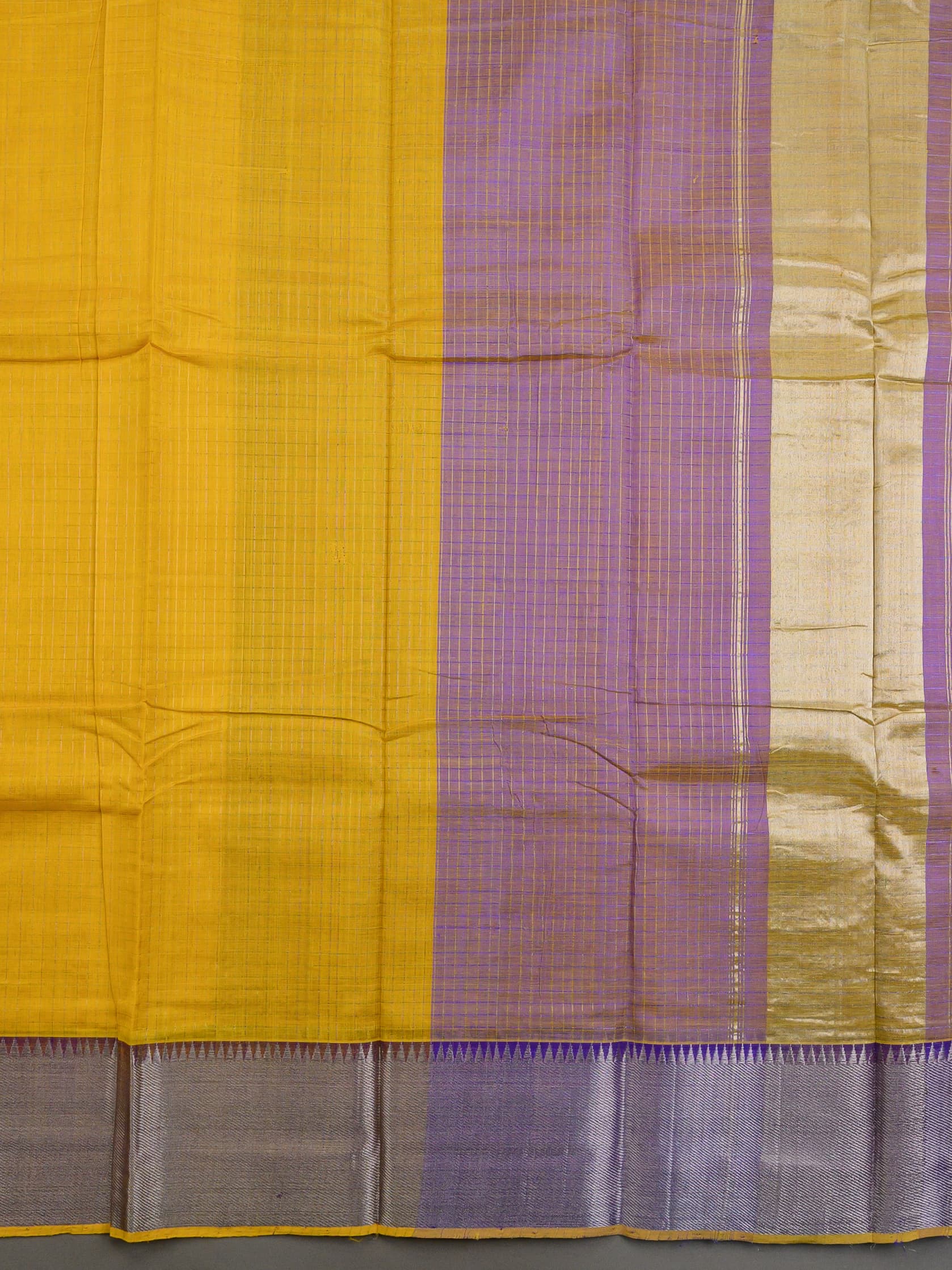 Handloom Mangalagiri Silk Cotton Saree in Yellow and Purple with Tissue Checked Weave