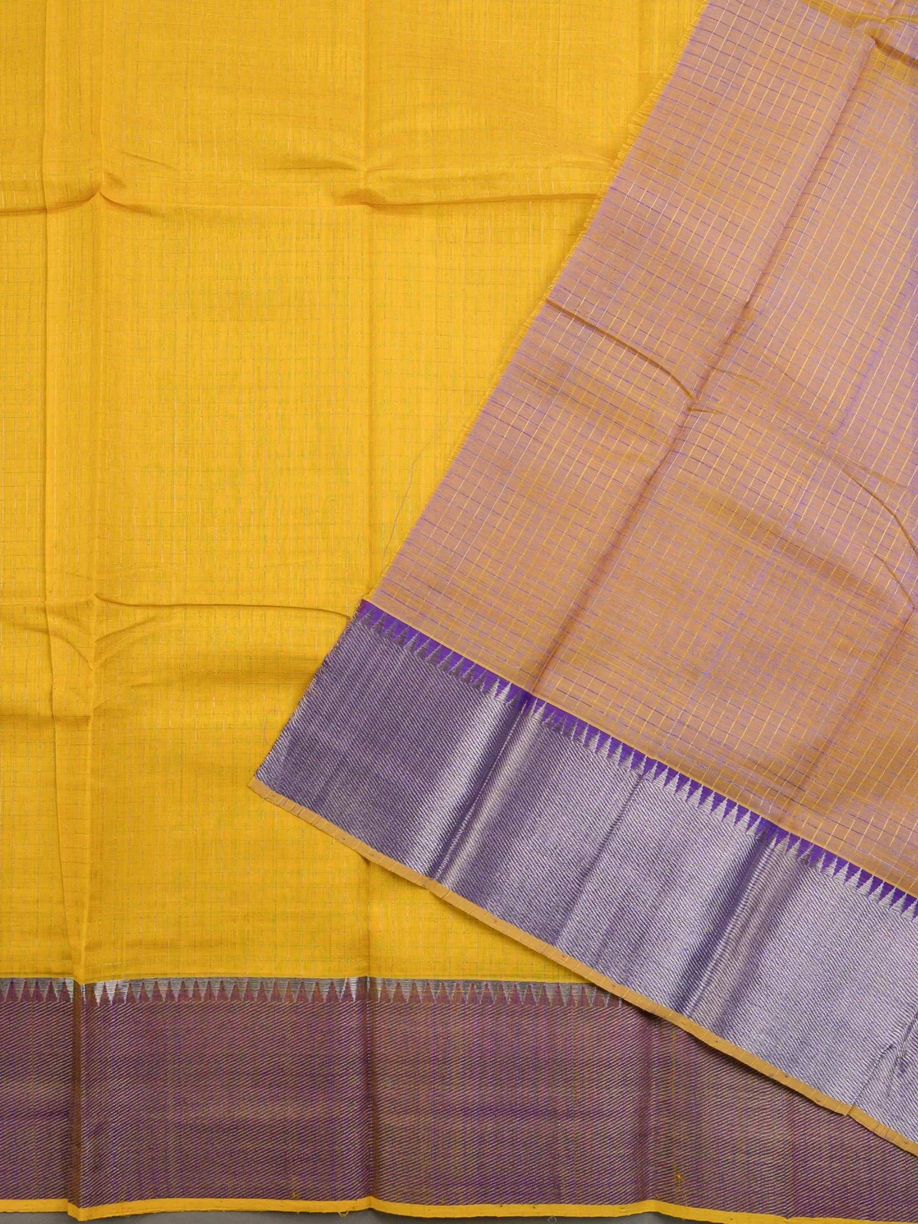 Handloom Mangalagiri Silk Cotton Saree in Yellow and Purple with Tissue Checked Weave