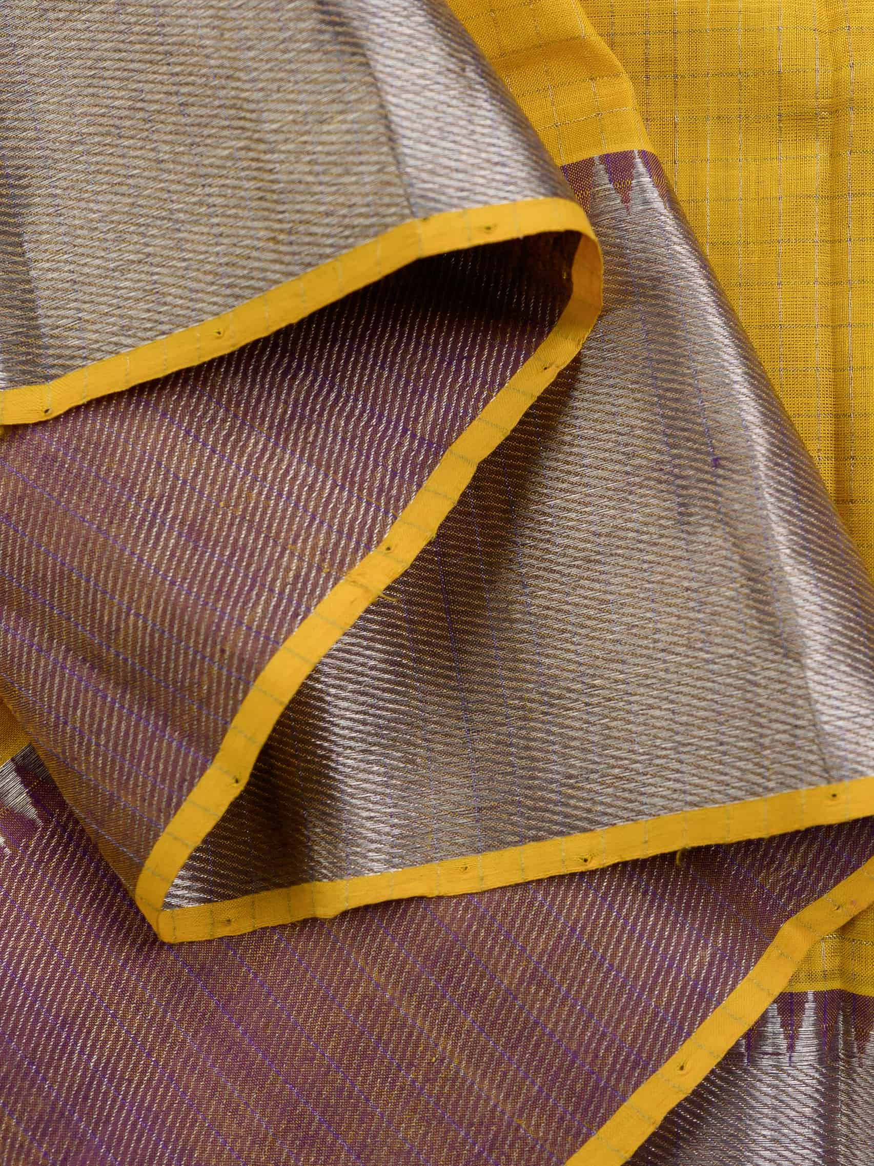 Handloom Mangalagiri Silk Cotton Saree in Yellow and Purple with Tissue Checked Weave