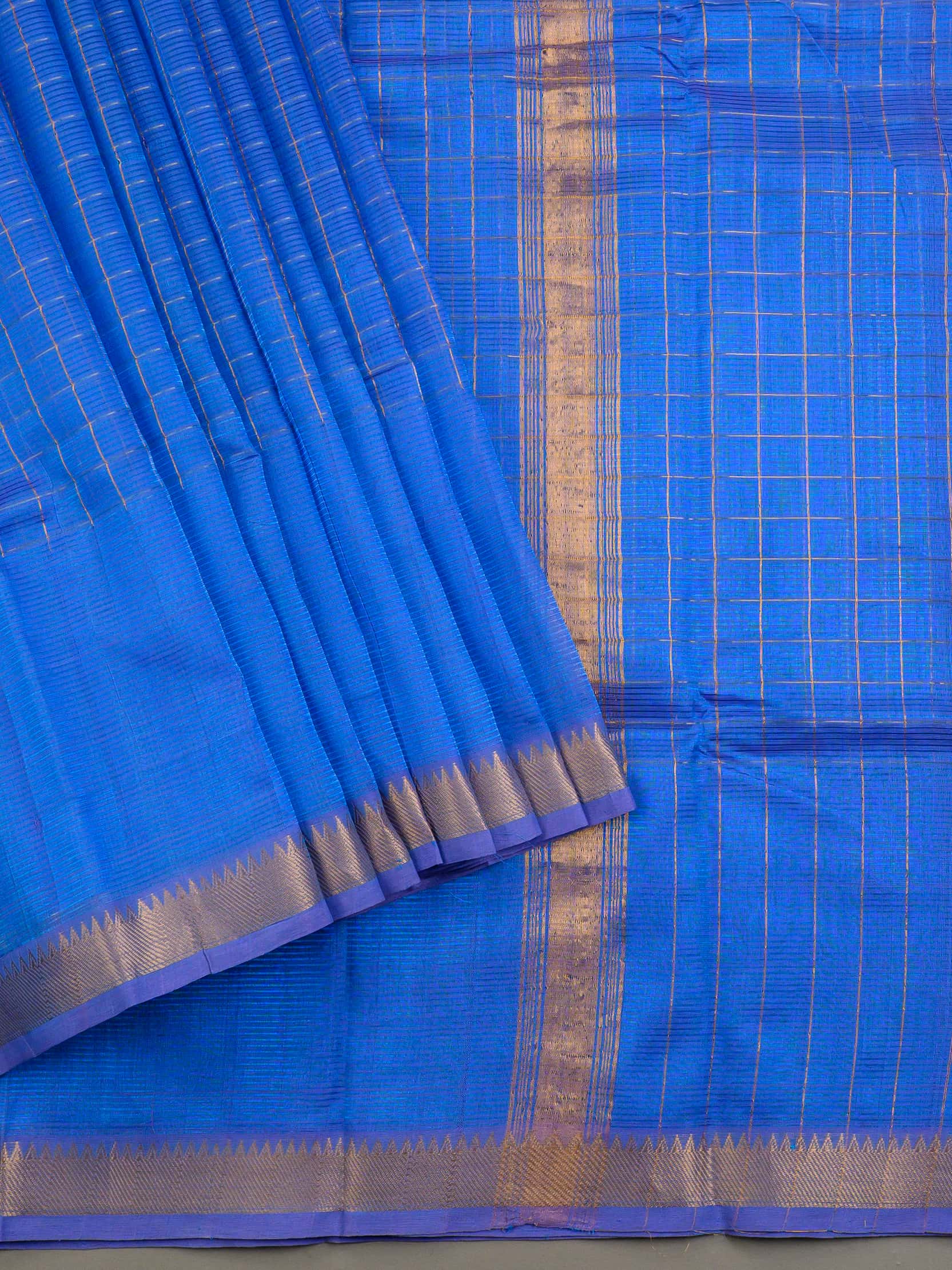 Handloom Mangalagiri Silk Cotton Saree in Blue with Zari Checked Pattern