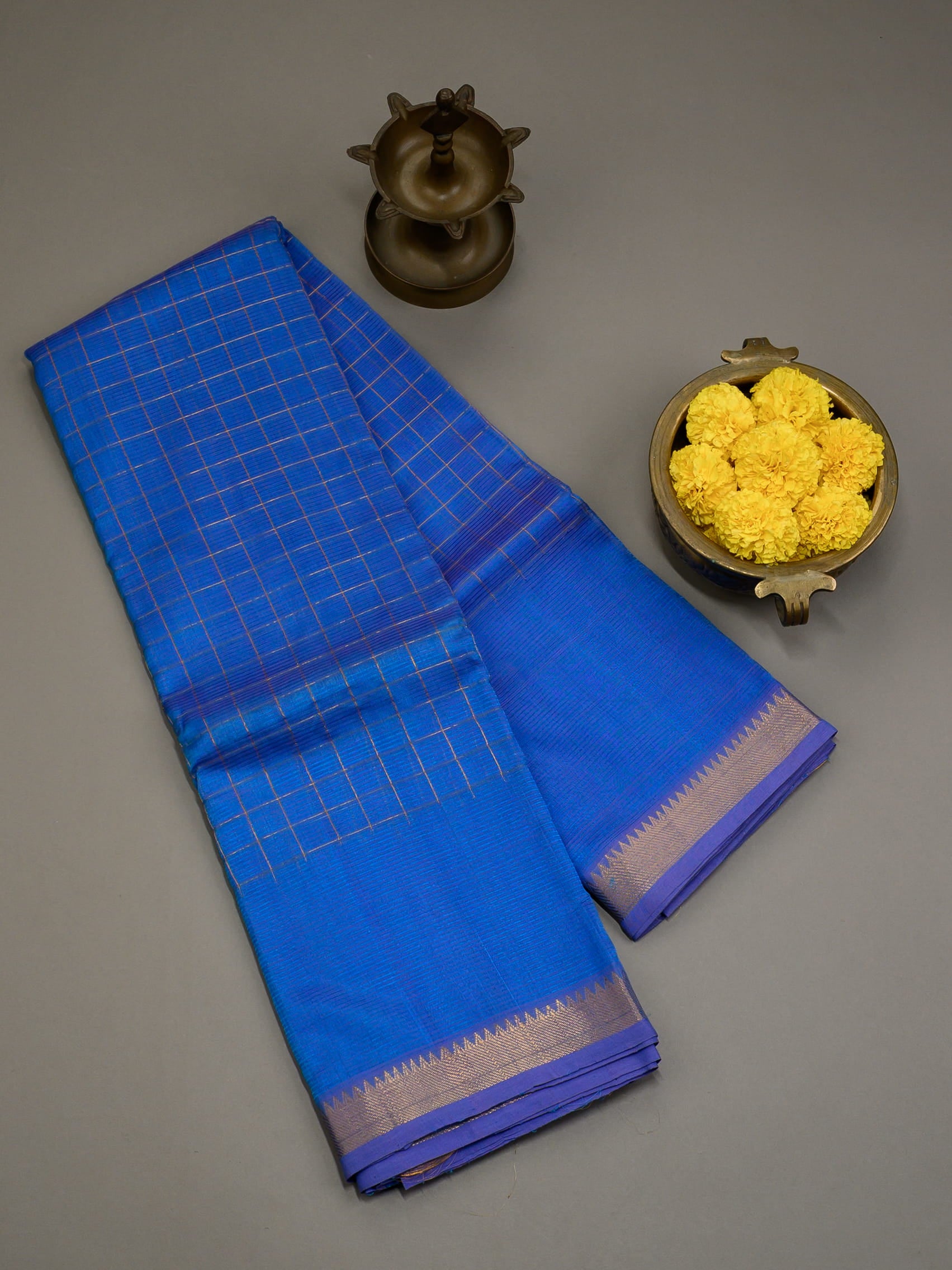 Handloom Mangalagiri silk cotton saree in blue with zari checks