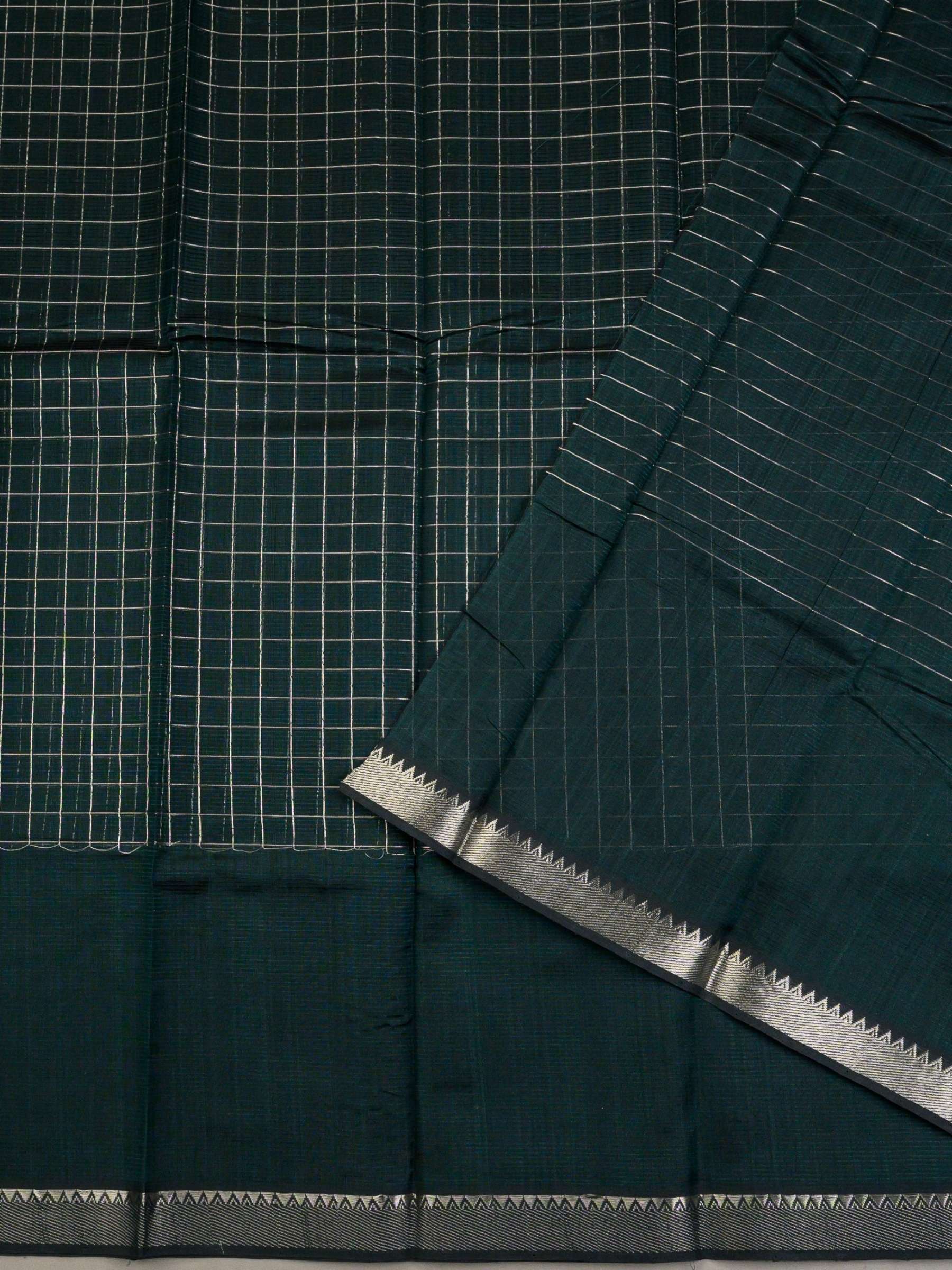 Handloom Mangalagiri Silk Cotton Saree in Deep Green with Silver Zari Checks