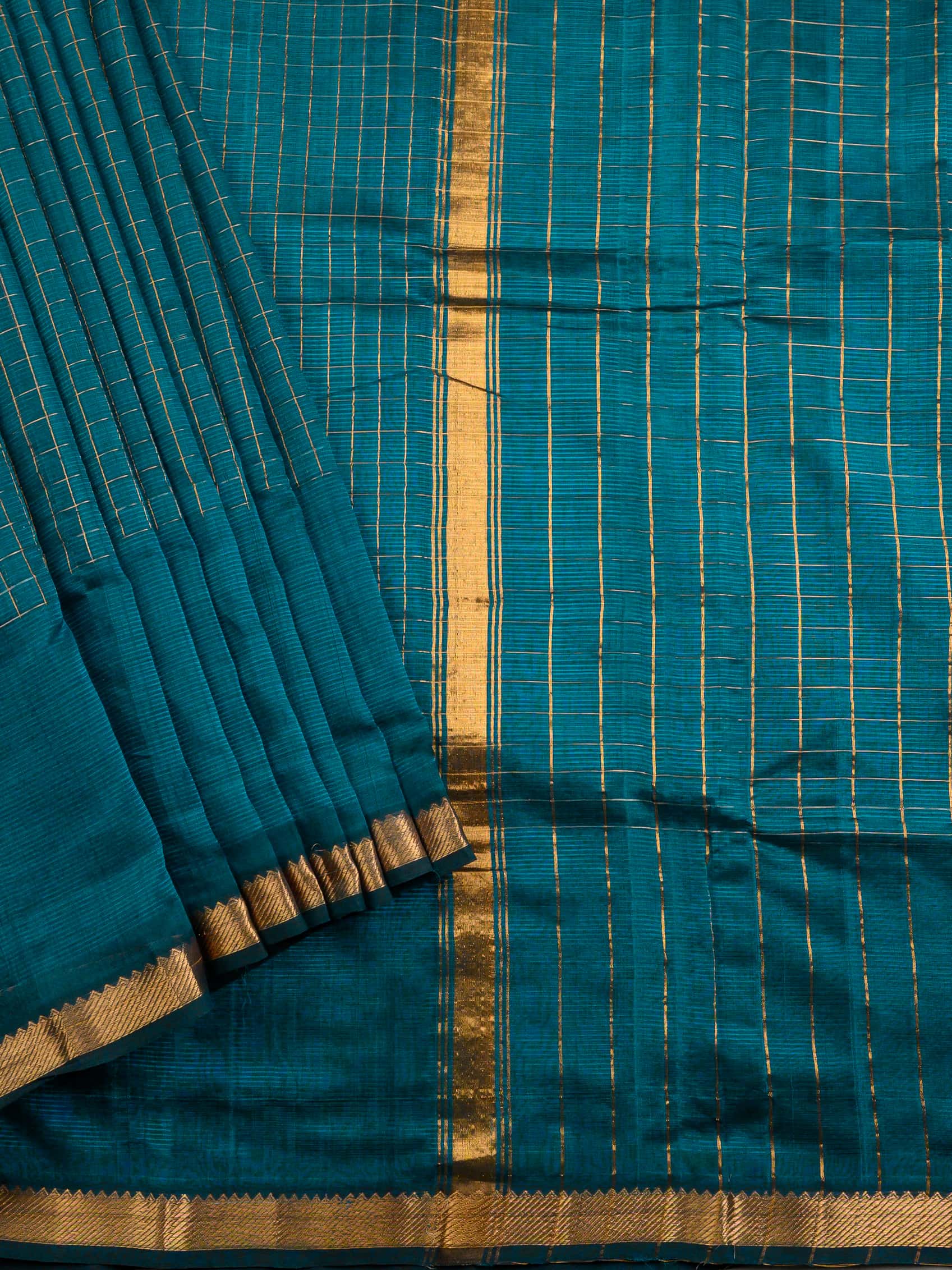 Handloom Mangalagiri Silk Cotton Saree in Teal Green with Zari Checked Pattern