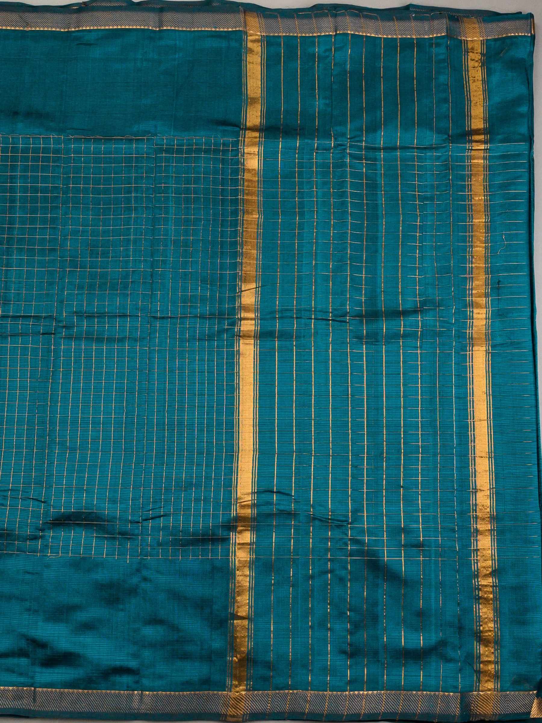 Handloom Mangalagiri Silk Cotton Saree in Teal Green with Zari Checked Pattern
