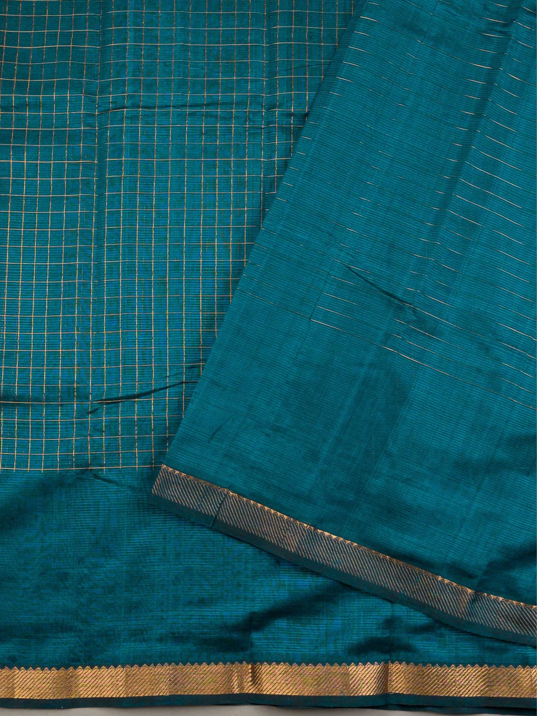 Handloom Mangalagiri Silk Cotton Saree in Teal Green with Zari Checked Pattern