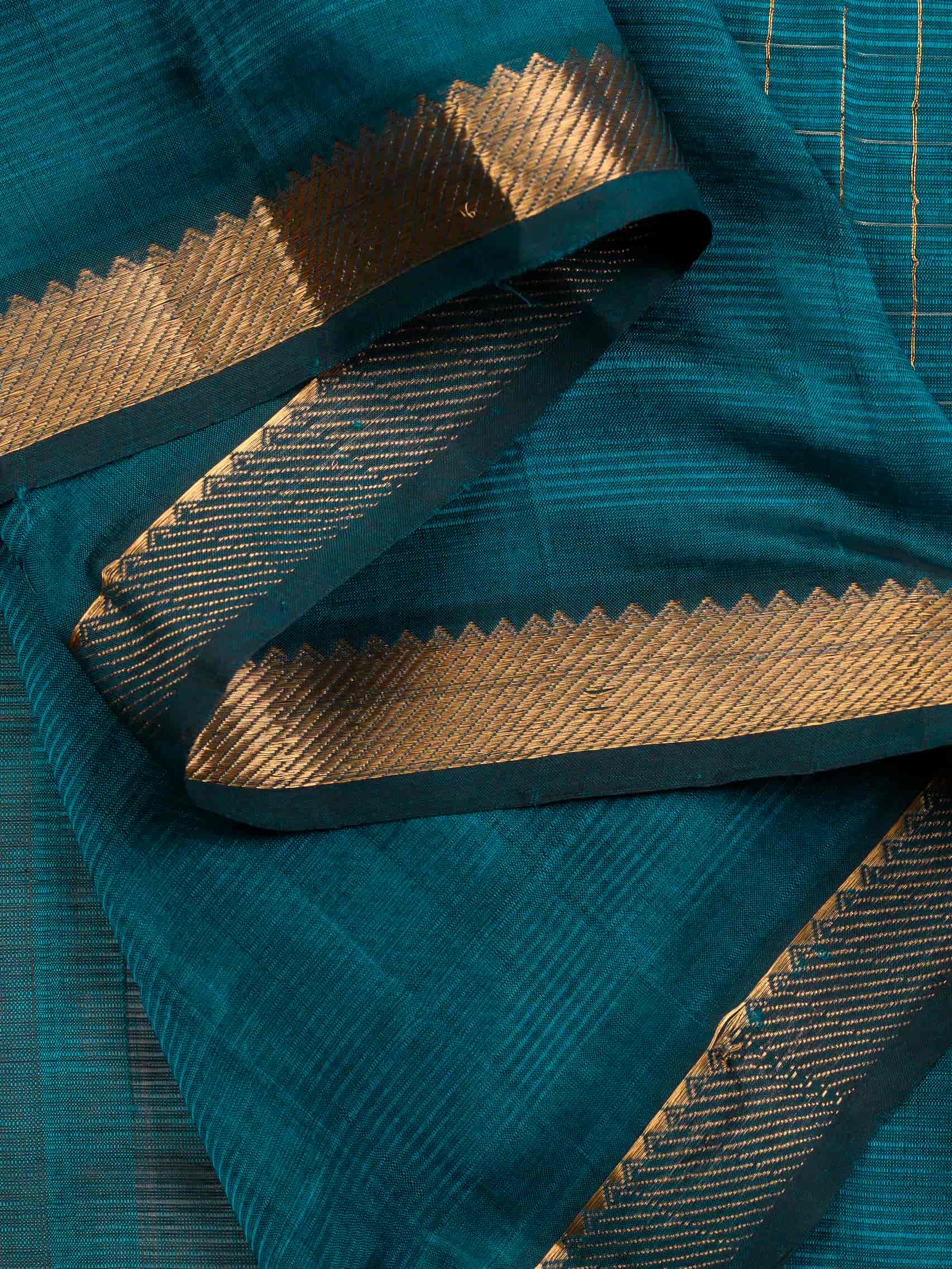 Handloom Mangalagiri Silk Cotton Saree in Teal Green with Zari Checked Pattern
