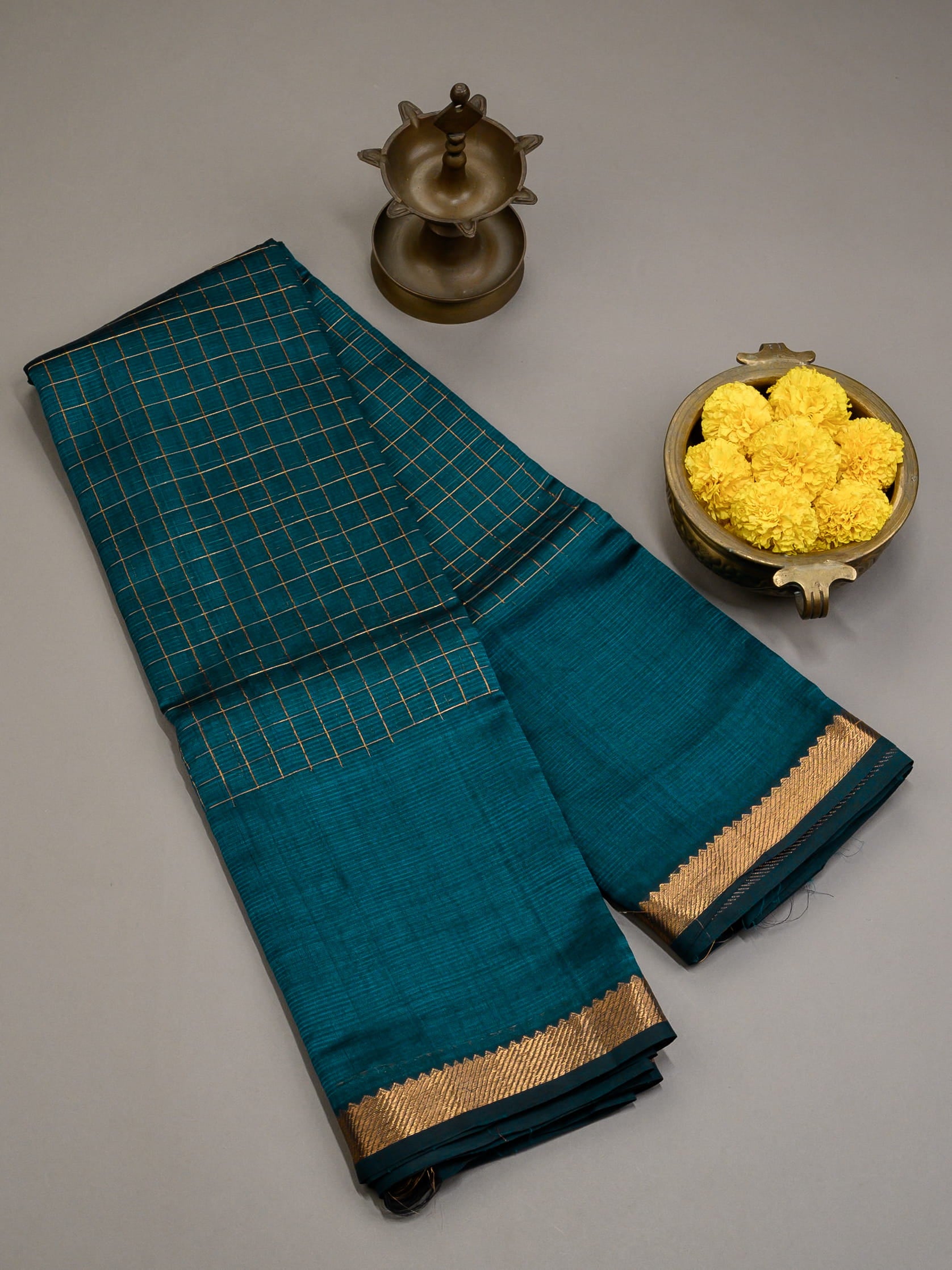 Handloom Mangalagiri silk cotton saree in teal green with zari checks