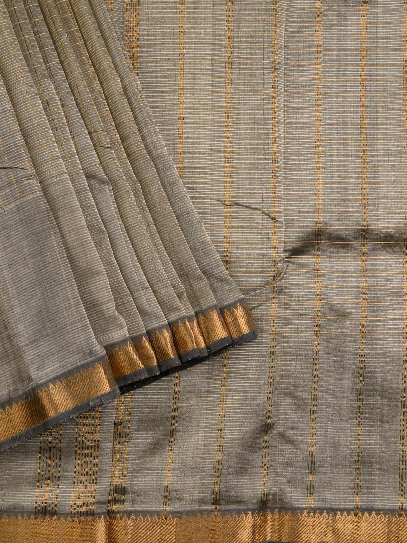 Handloom Mangalagiri Silk Cotton Saree in Grey with Zari Checked Pattern