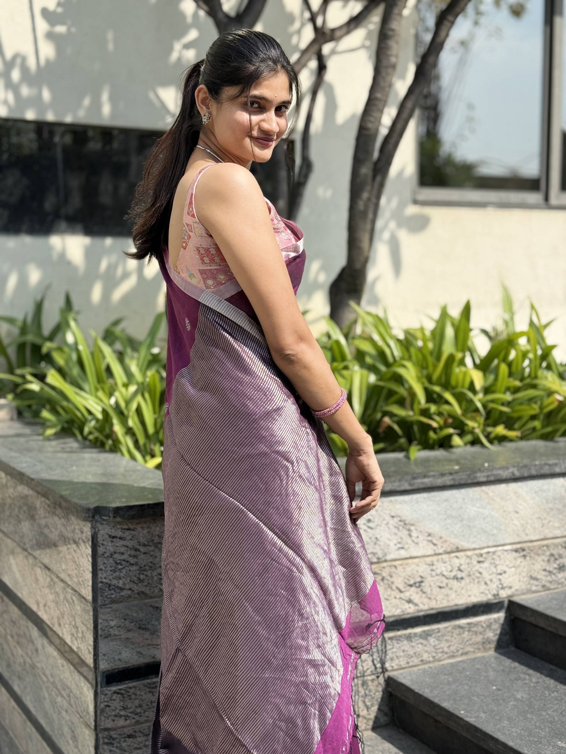 Handloom Mercerized Cotton Saree in Purple with Silver Zari Buttas and Pallu