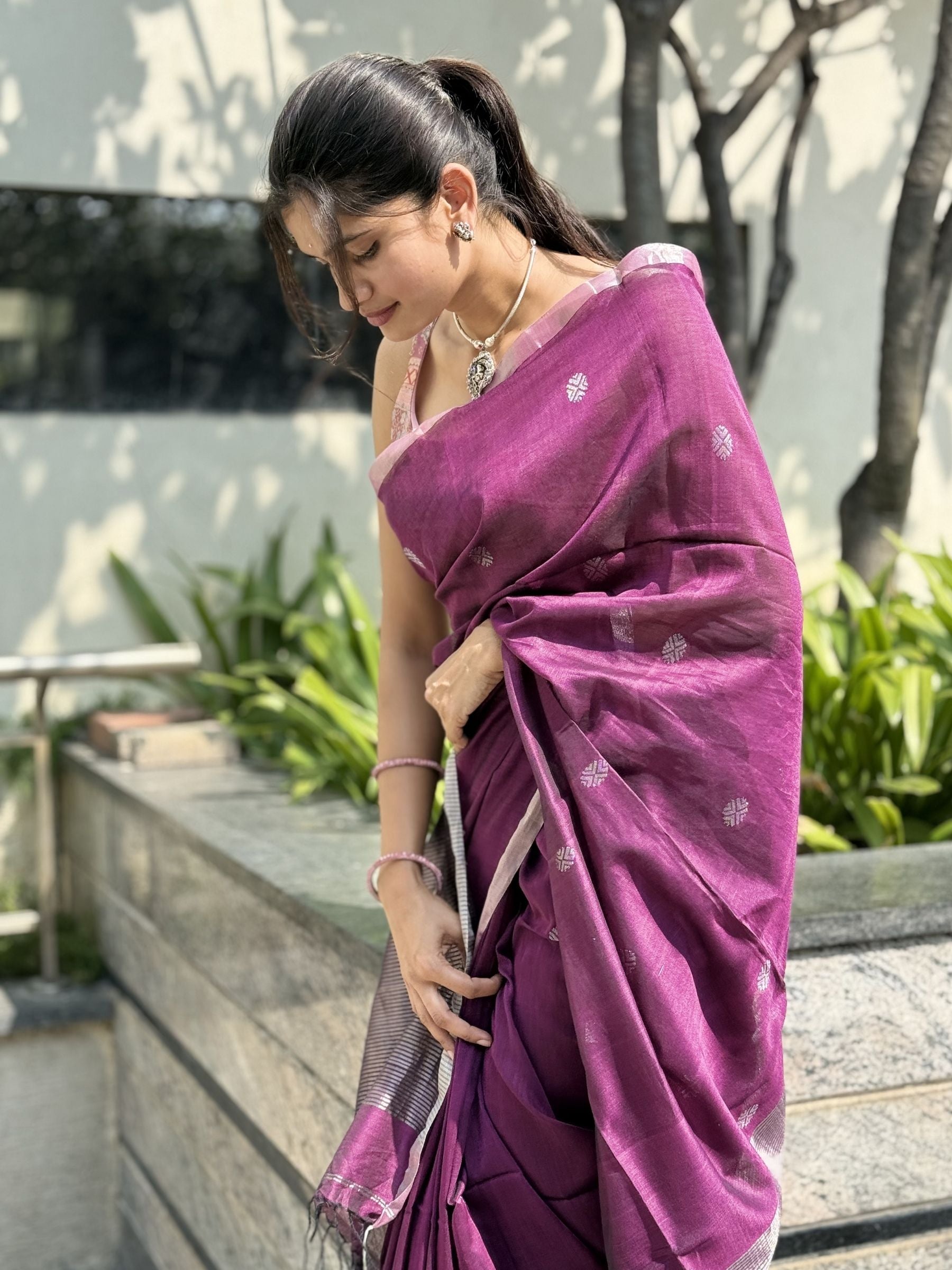 Handloom Mercerized Cotton Saree in Purple with Silver Zari Buttas and Pallu