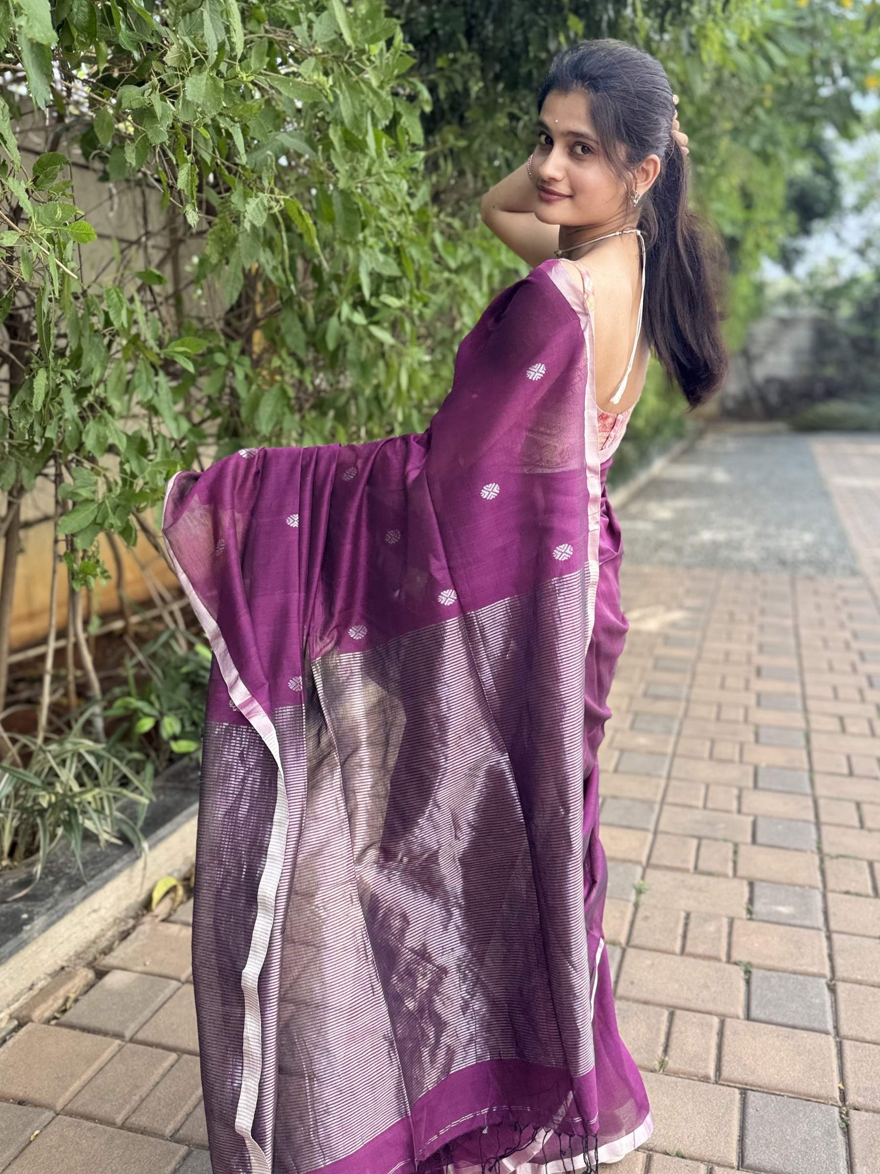 Handloom Mercerized Cotton Saree in Purple with Silver Zari Buttas and Pallu