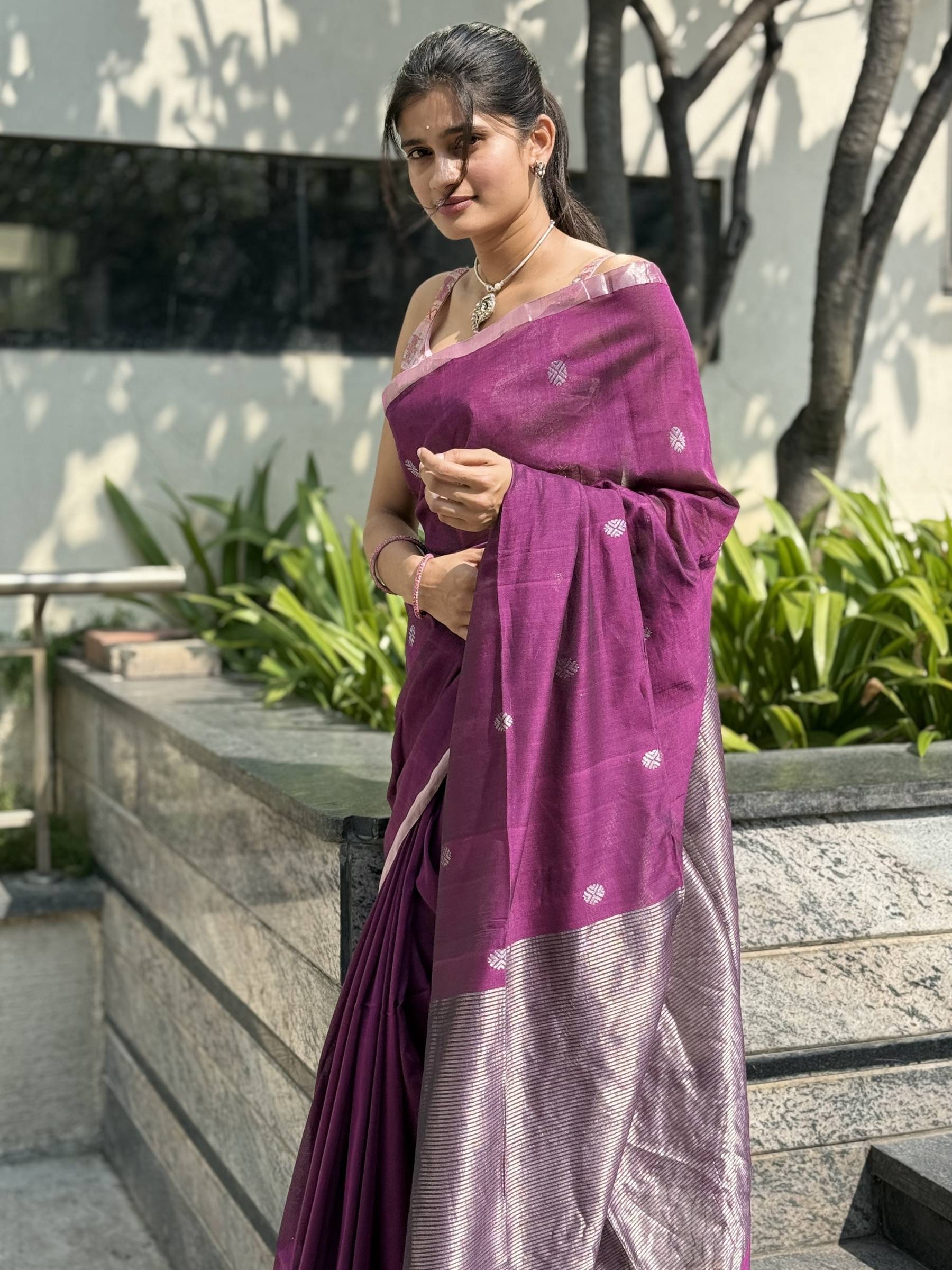 Handloom Mercerized Cotton Saree in Purple with Silver Zari Buttas and Pallu