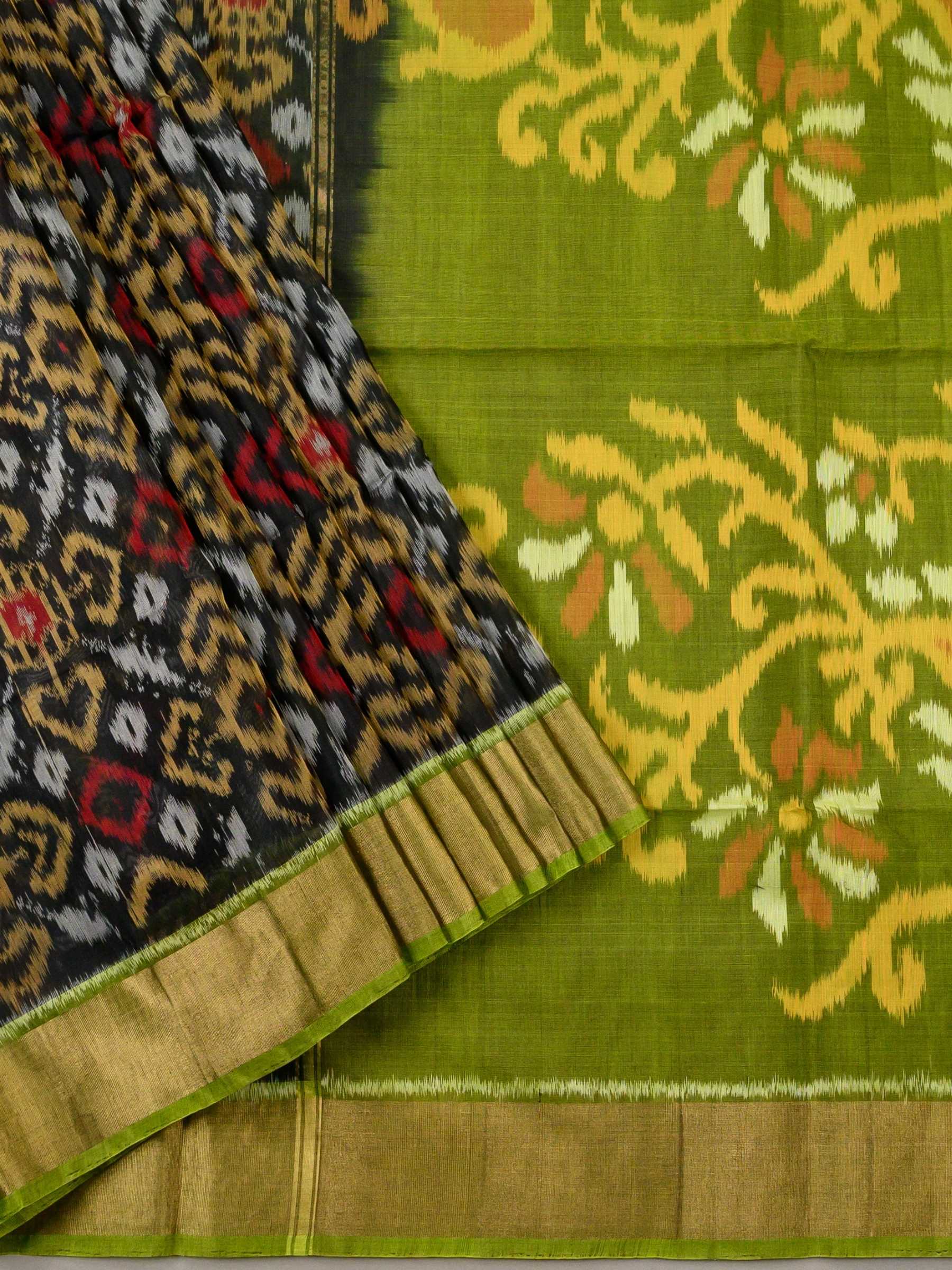 Handloom Pochampally Silk Cotton Saree in Black and Green with Ikat Floral Weave