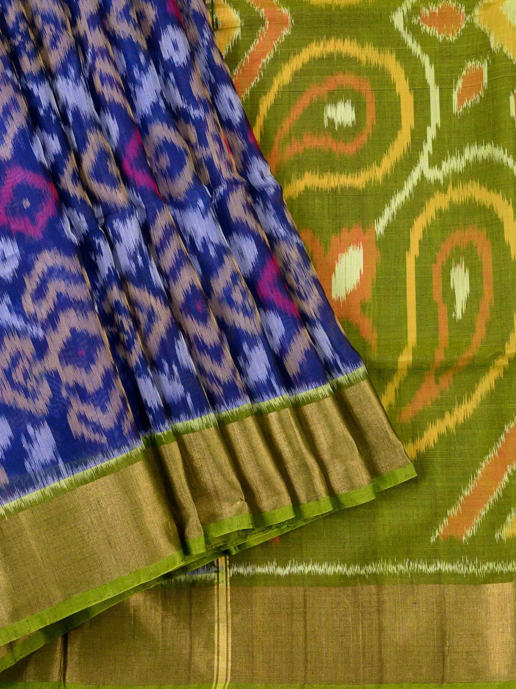 Handloom Pochampally Silk Cotton Saree in Blue and Green with Ikat Design