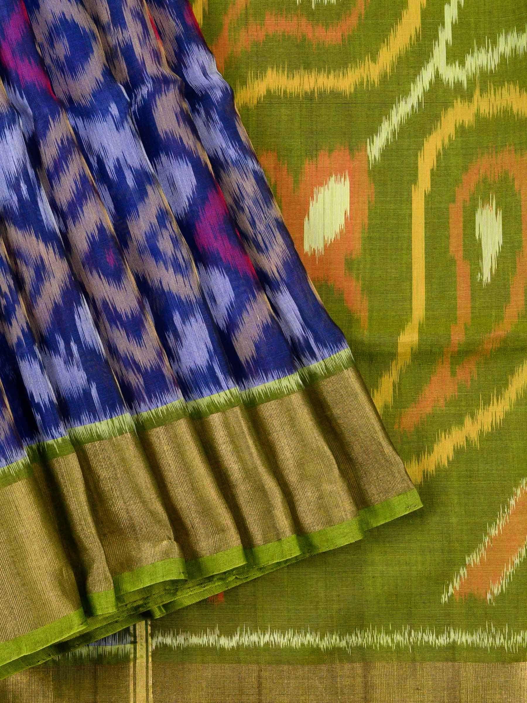 Handloom Pochampally Silk Cotton Saree in Blue and Green with Ikat Design