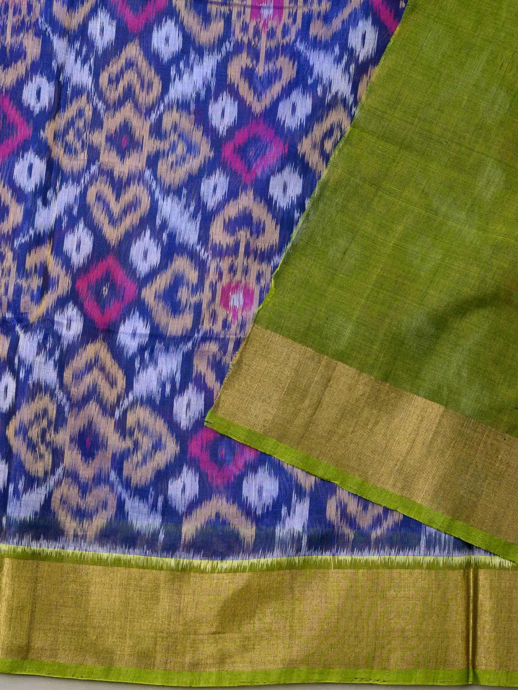 Handloom Pochampally Silk Cotton Saree in Blue and Green with Ikat Design