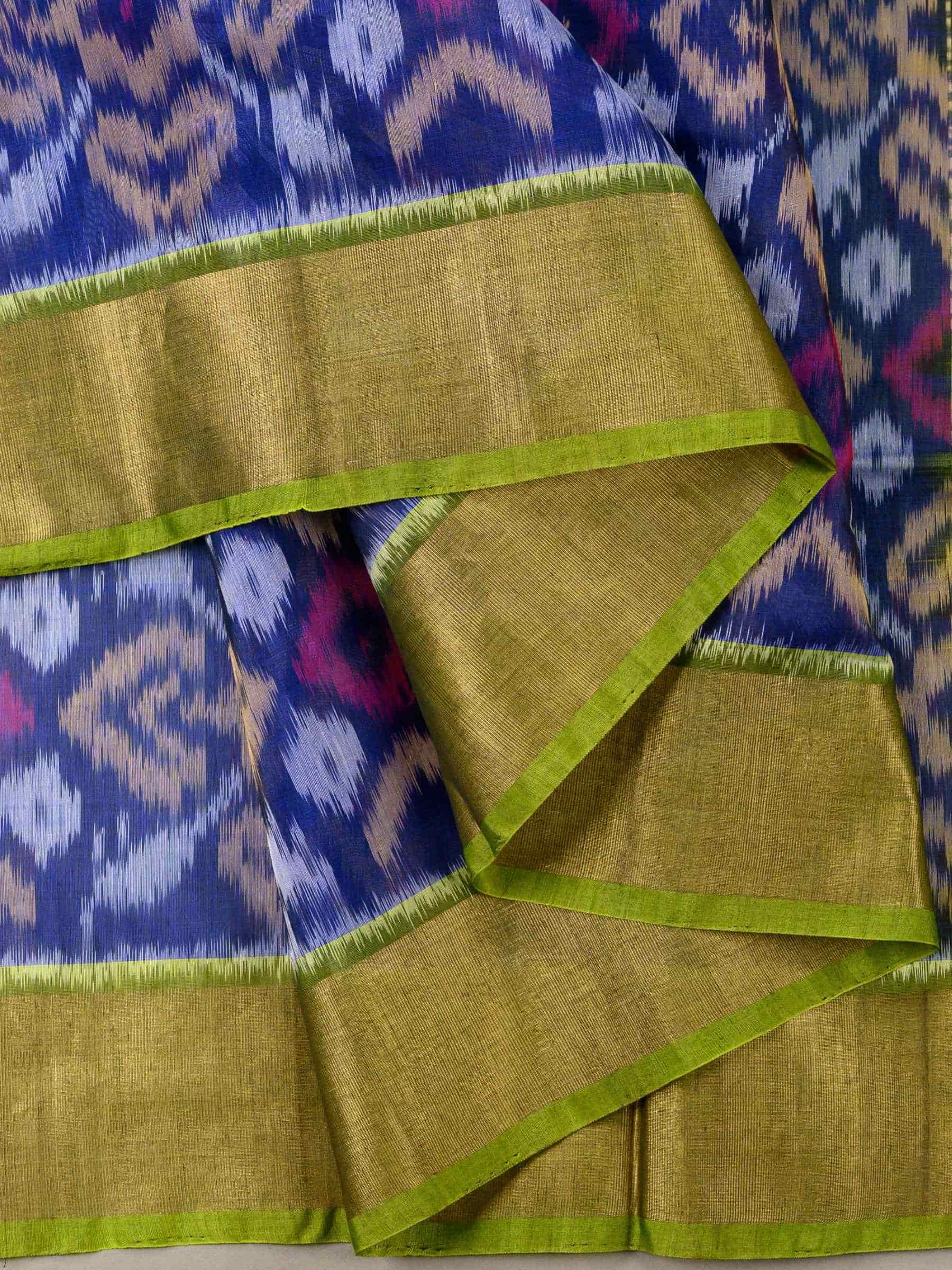 Handloom Pochampally Silk Cotton Saree in Blue and Green with Ikat Design