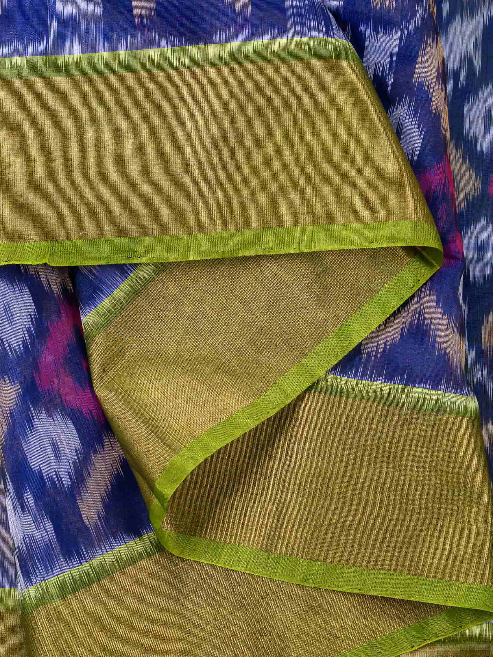 Handloom Pochampally Silk Cotton Saree in Blue and Green with Ikat Design