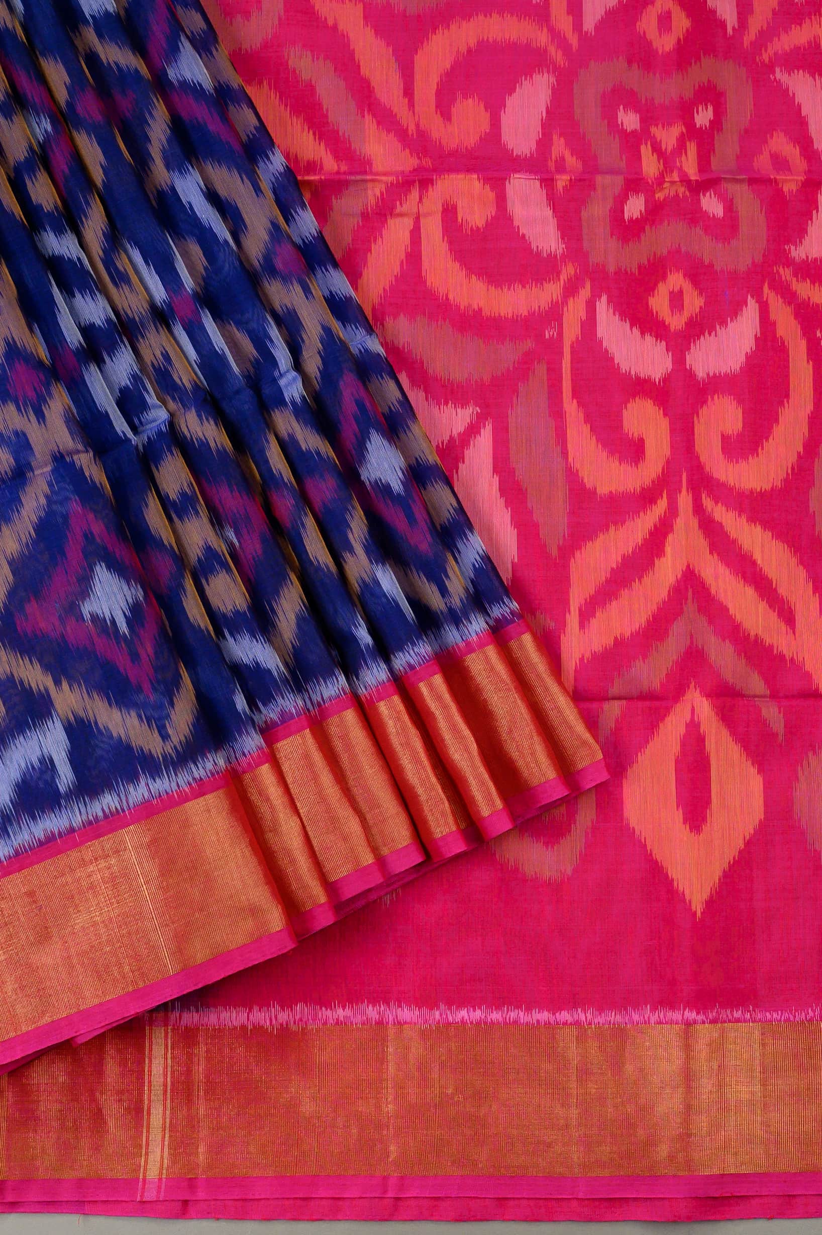 Handloom Pochampally Silk Cotton Saree in Blue and Pink with Ikat Design