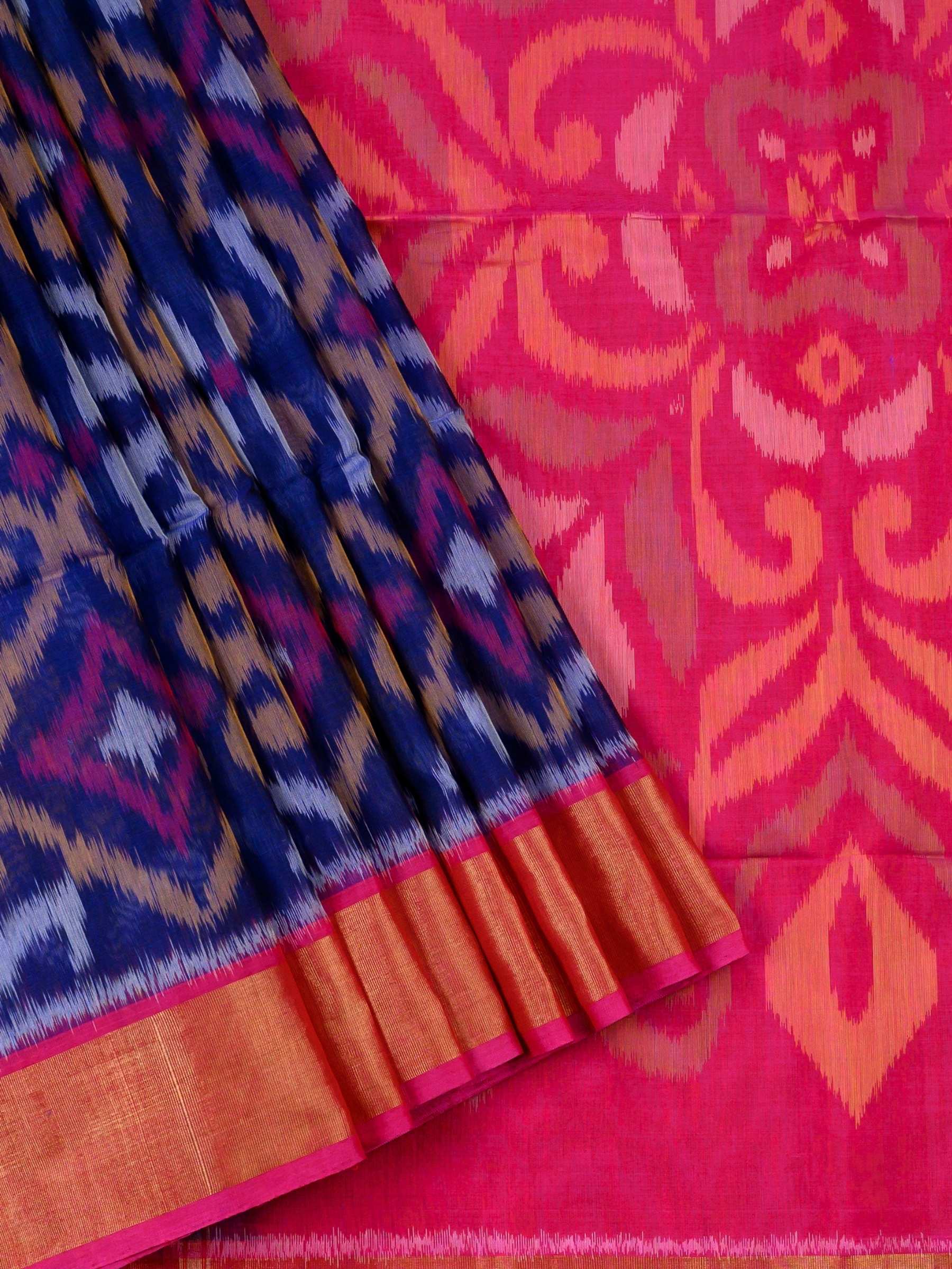 Handloom Pochampally Silk Cotton Saree in Blue and Pink with Ikat Design