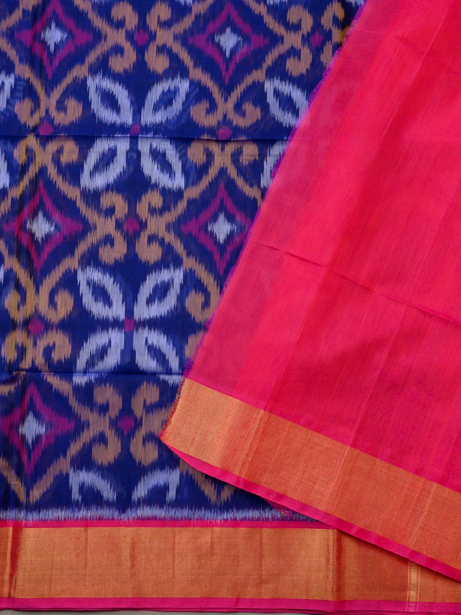 Handloom Pochampally Silk Cotton Saree in Blue and Pink with Ikat Design