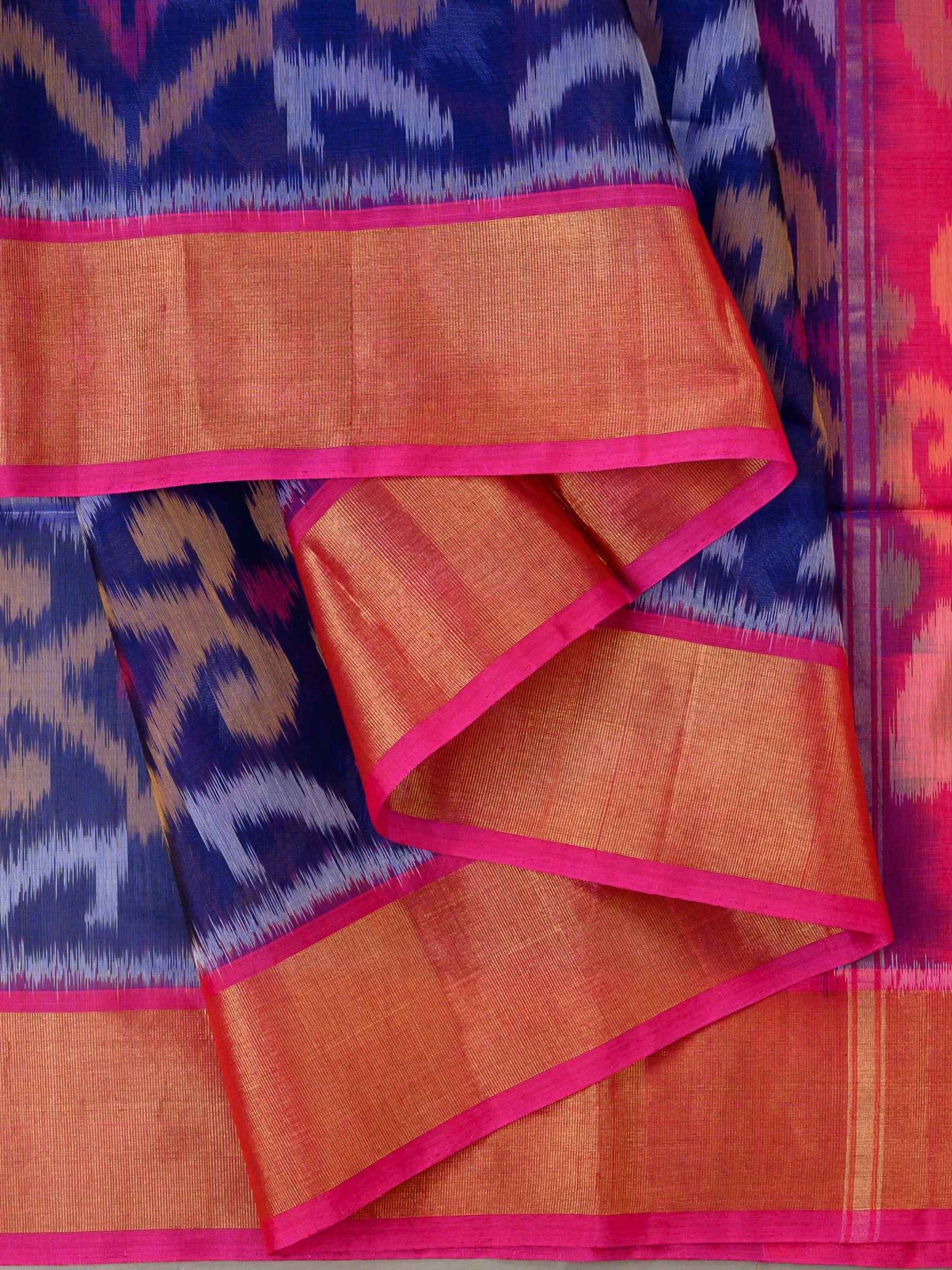 Handloom Pochampally Silk Cotton Saree in Blue and Pink with Ikat Design