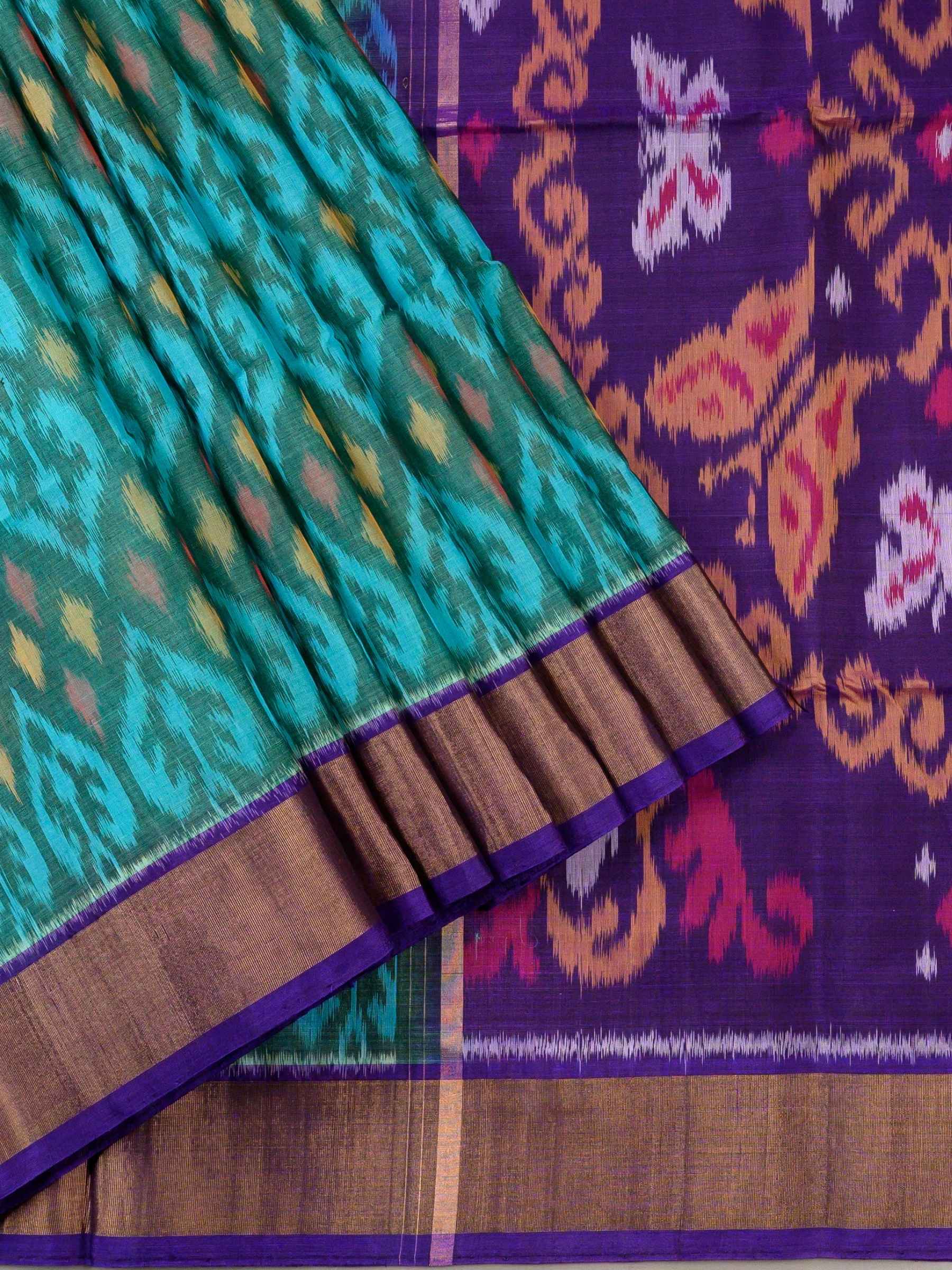Handloom Pochampally Silk Cotton Saree in Teal Blue and Purple with Ikat Design