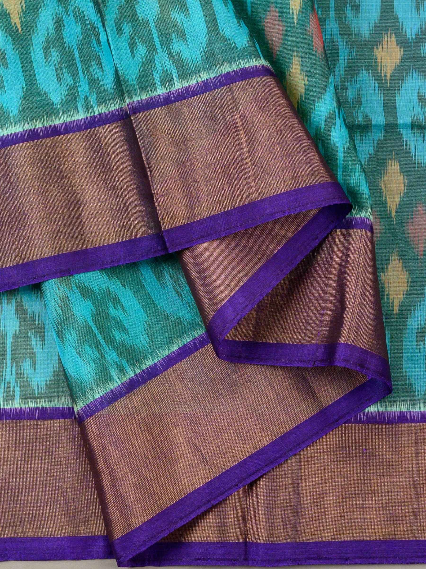 Handloom Pochampally Silk Cotton Saree in Teal Blue and Purple with Ikat Design