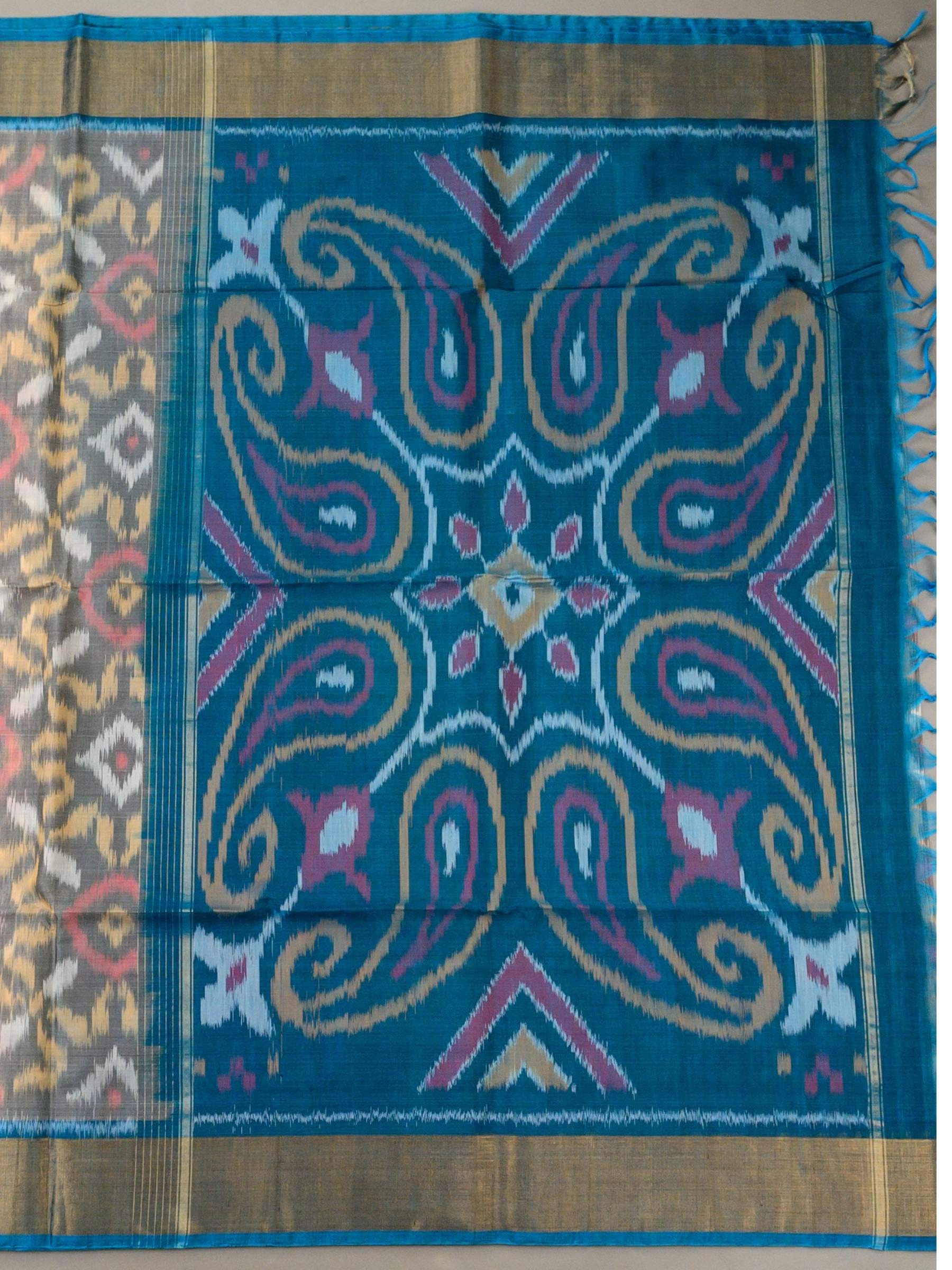 Handloom Pochampally Silk Cotton Saree in Grey and Blue with Ikat Design