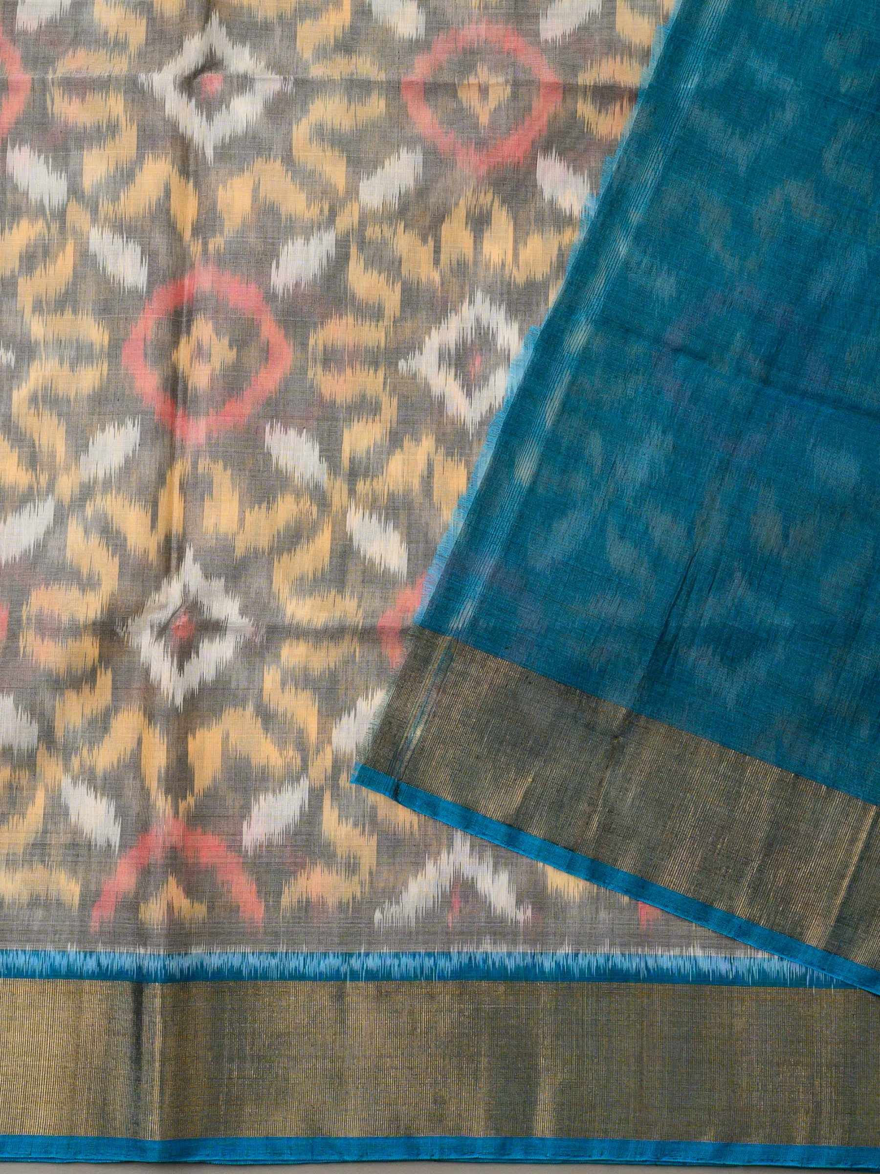 Handloom Pochampally Silk Cotton Saree in Grey and Blue with Ikat Design