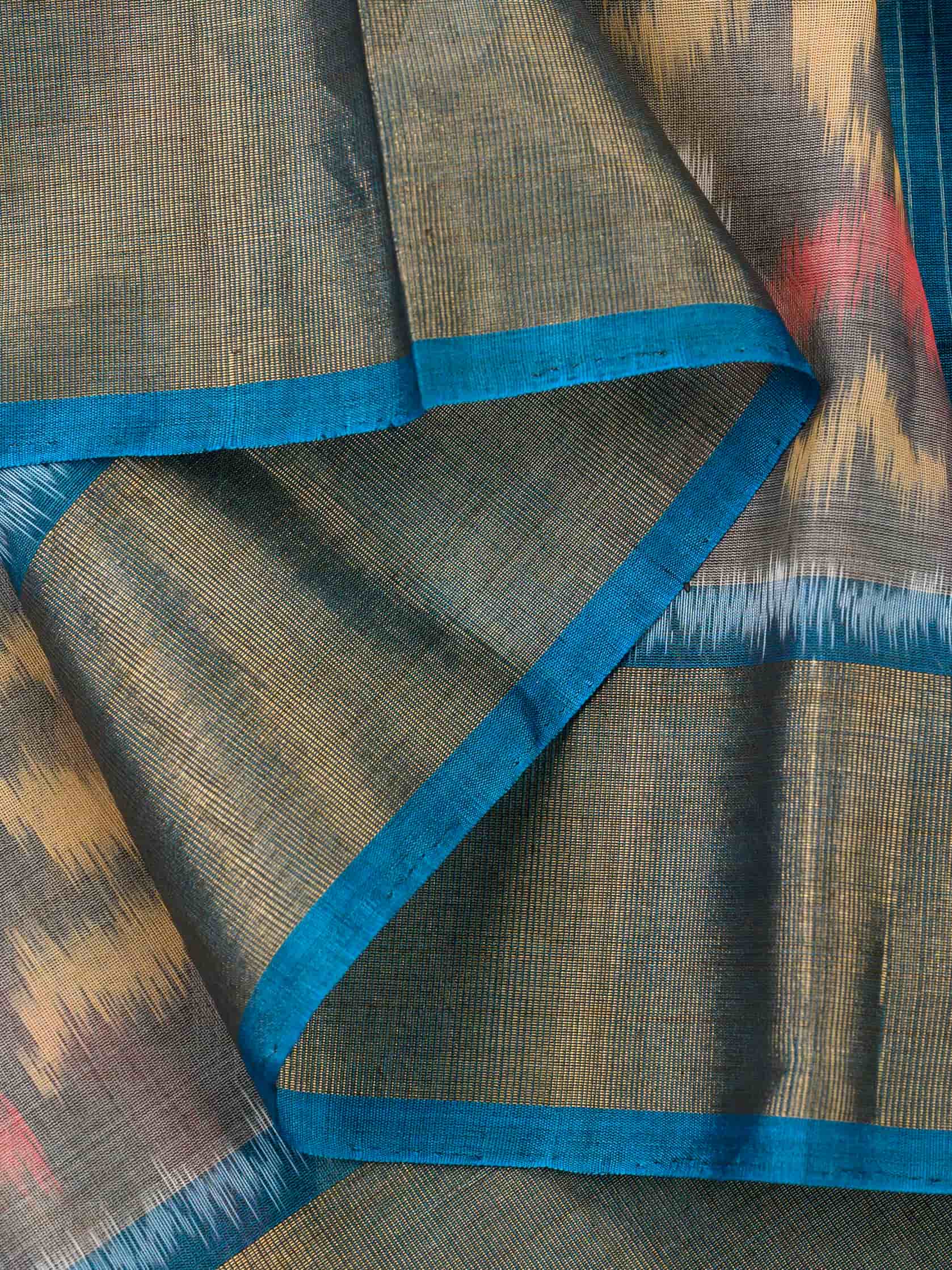 Handloom Pochampally Silk Cotton Saree in Grey and Blue with Ikat Design