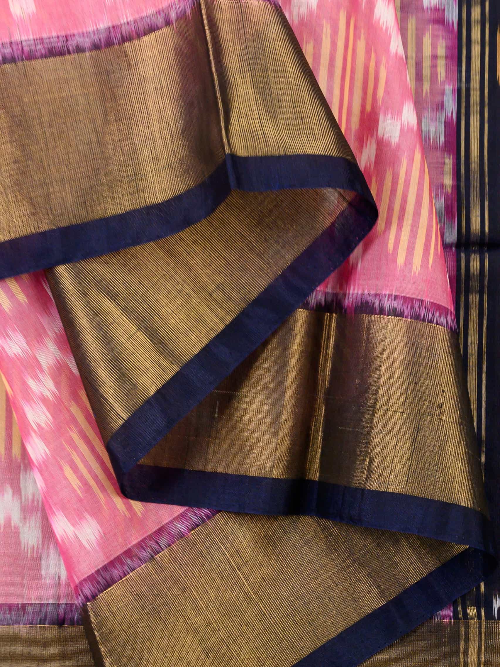 Handloom Pochampally Silk Cotton Saree in Pink and Blue with Diamond Ikat Design