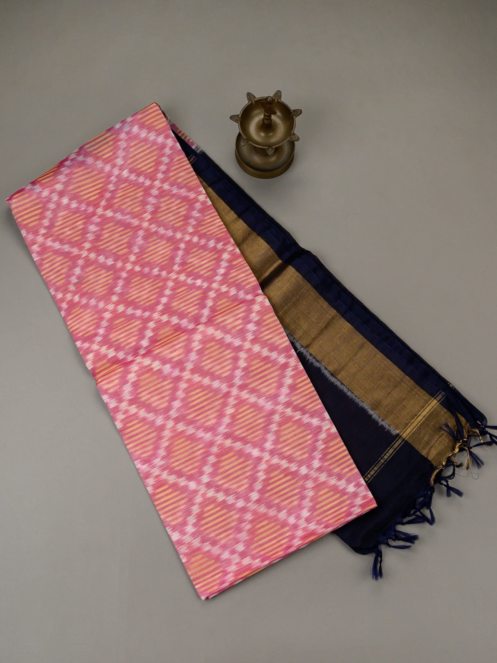 Handloom Pochampally silk cotton saree in pink and blue with diamond Ikat design