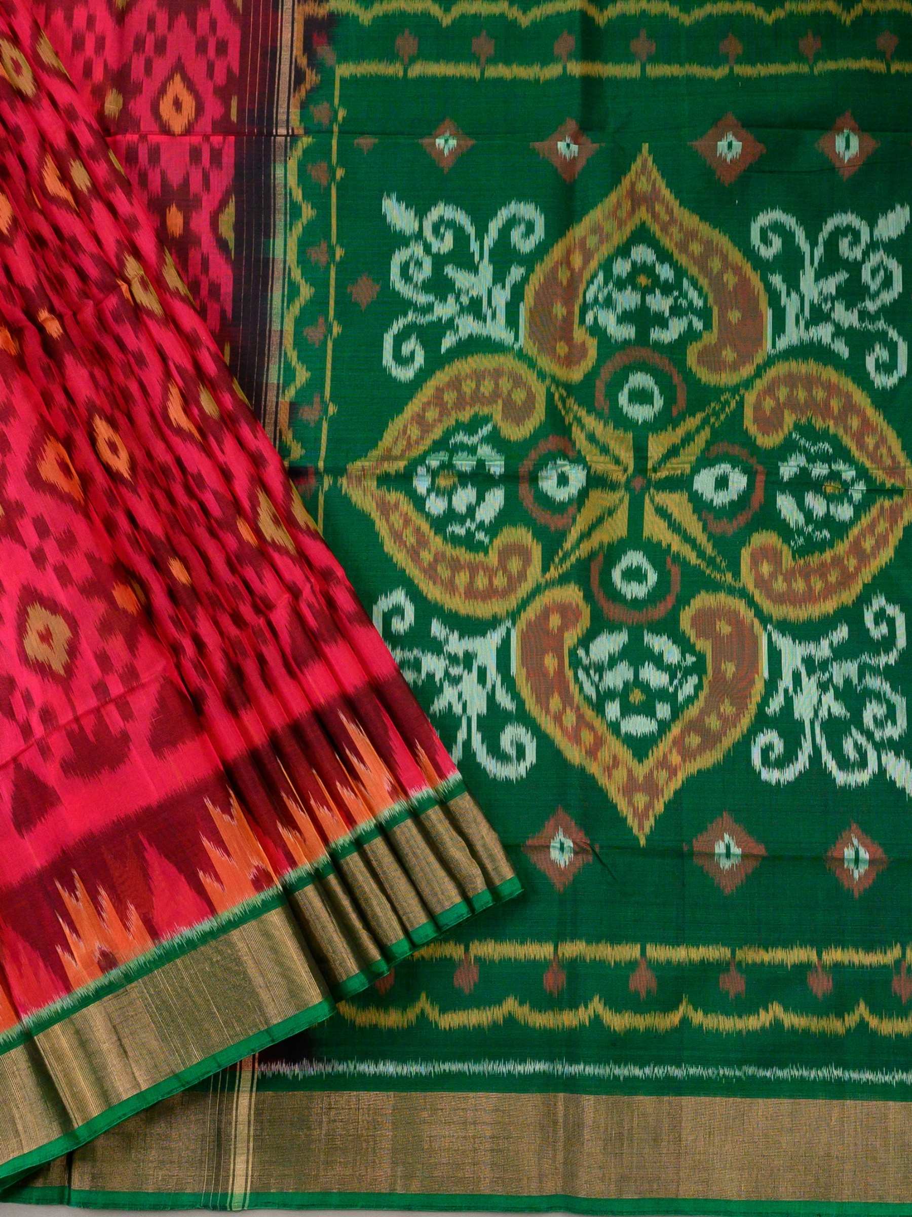 Handloom Pochampally Silk Cotton Saree in Red and Green with Geometric Ikat Design