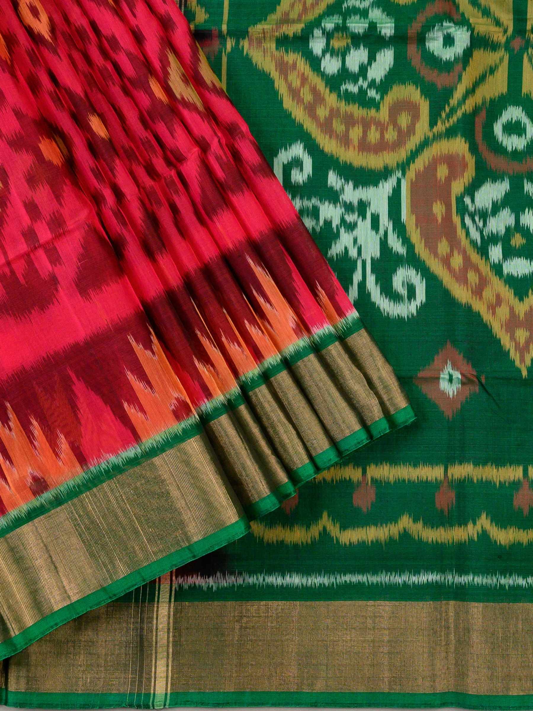 Handloom Pochampally Silk Cotton Saree in Red and Green with Geometric Ikat Design