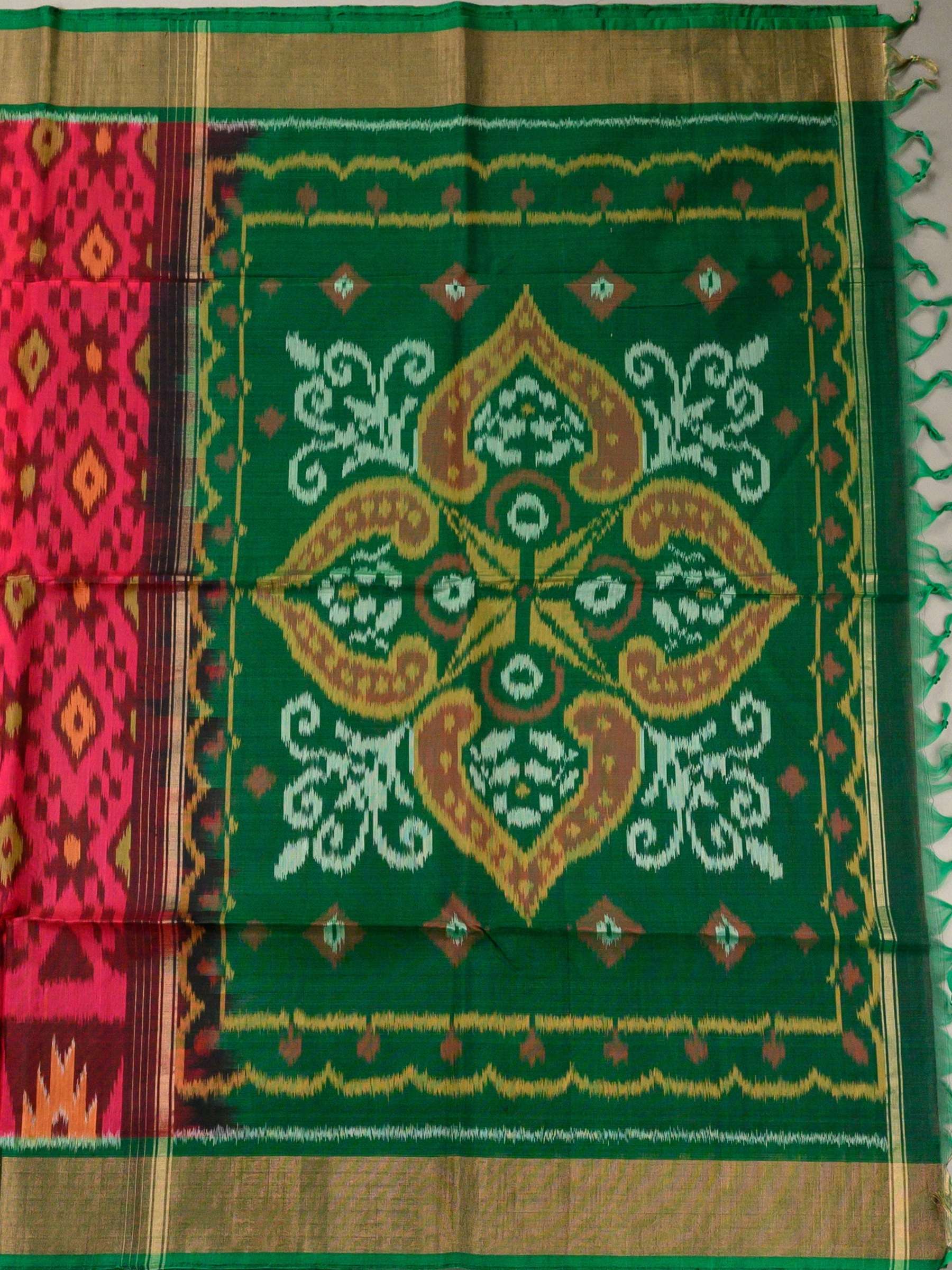 Handloom Pochampally Silk Cotton Saree in Red and Green with Geometric Ikat Design