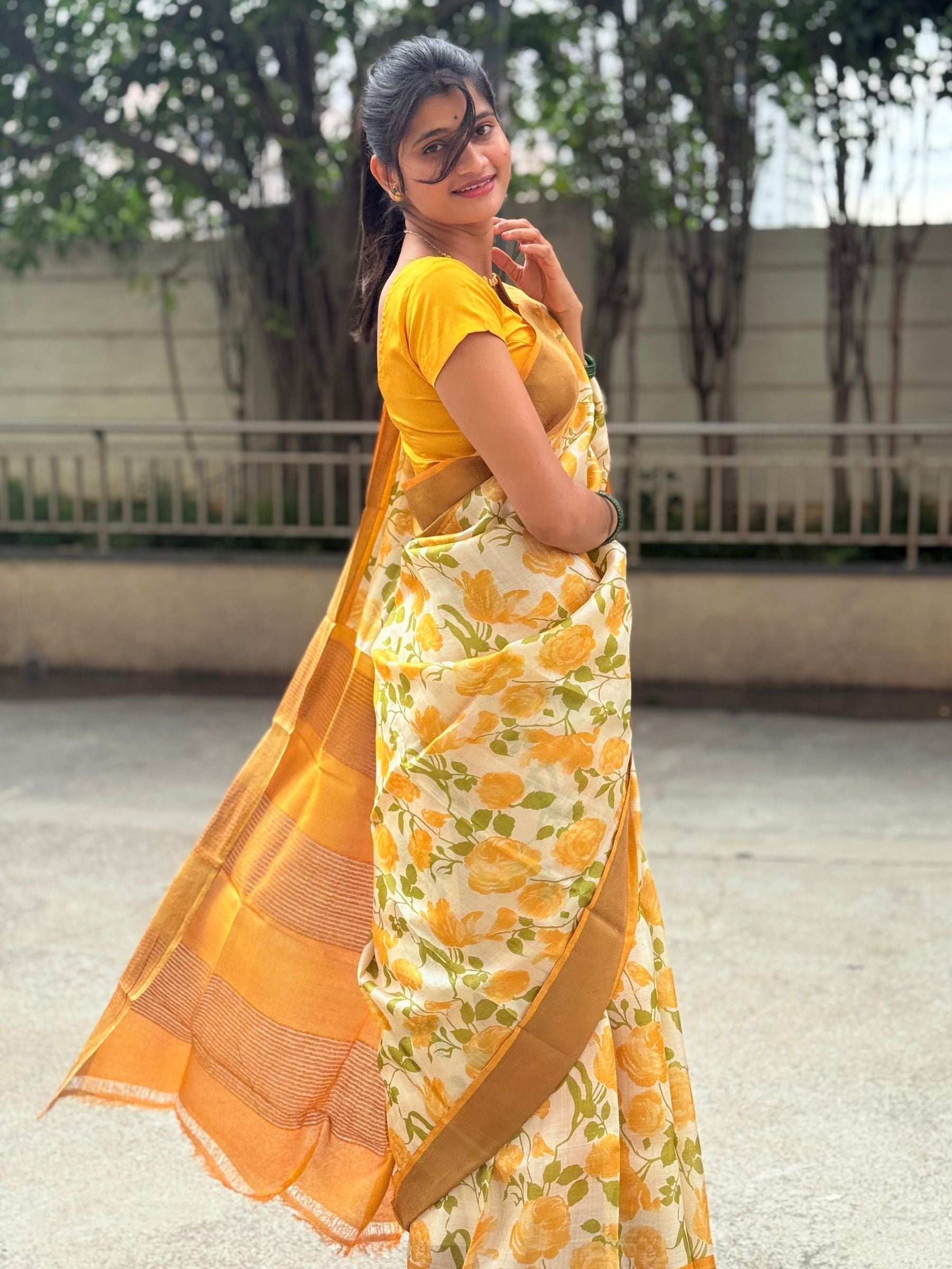 Handloom Pure Tussar Silk Saree in Yellow with Floral Prints