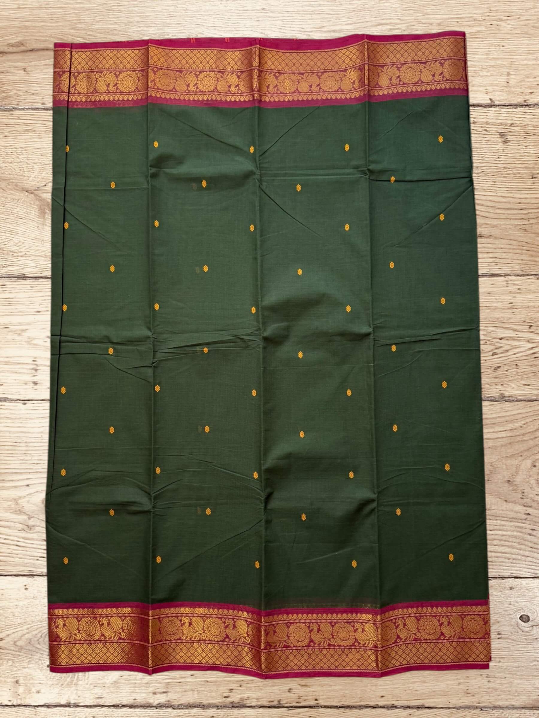Kanchi Cotton Saree in Dark-Green