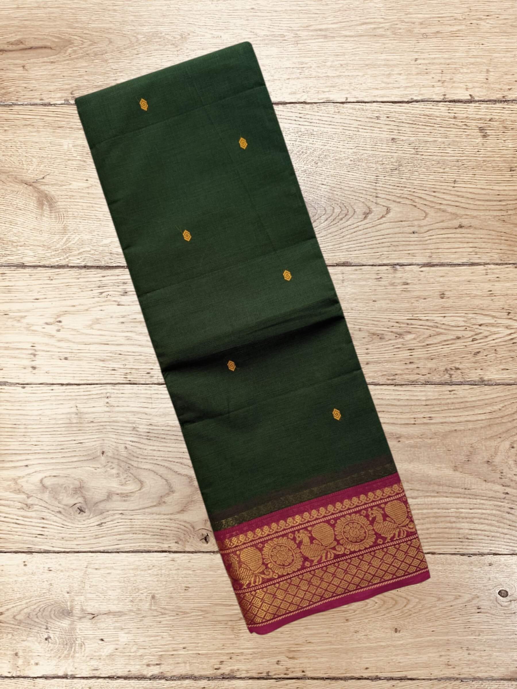 Kanchi Cotton Saree in Dark-Green