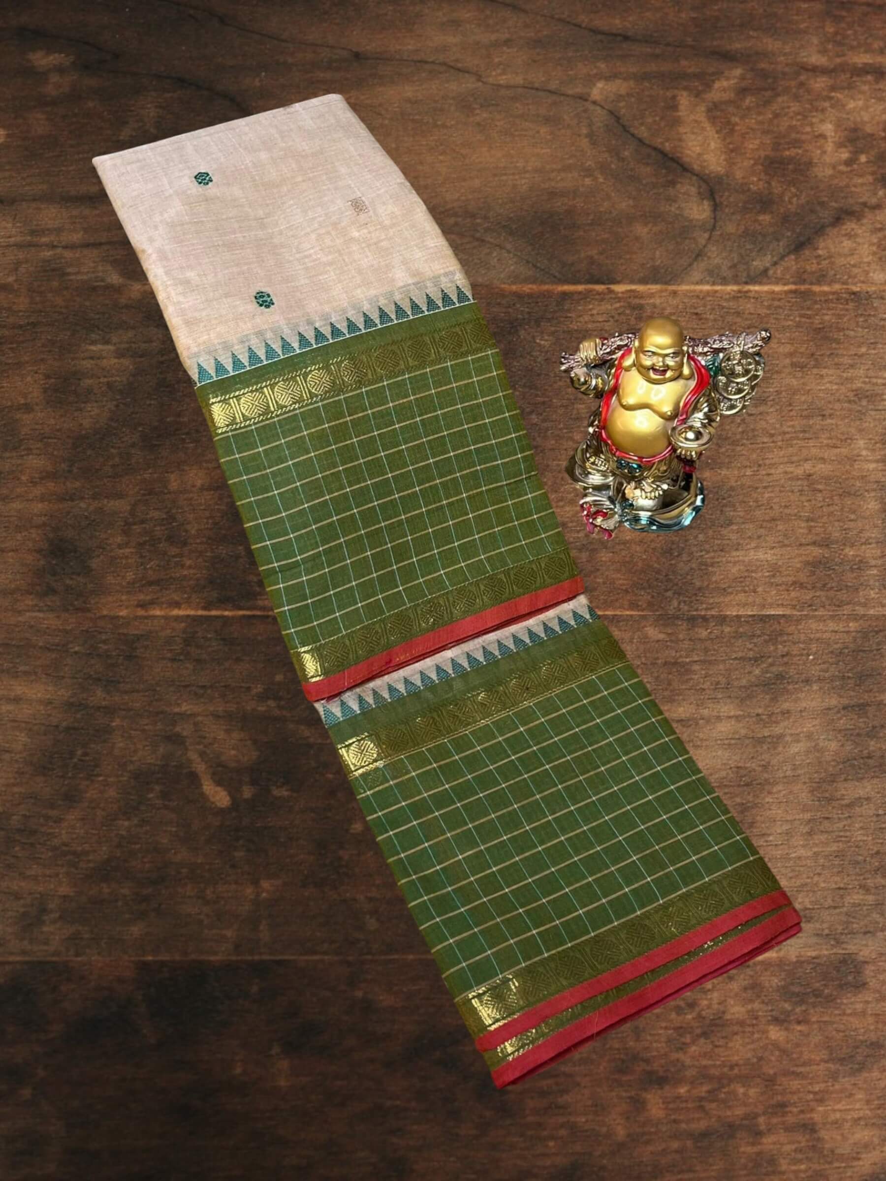 Kanchi Cotton Saree in Beige & Olive Green
