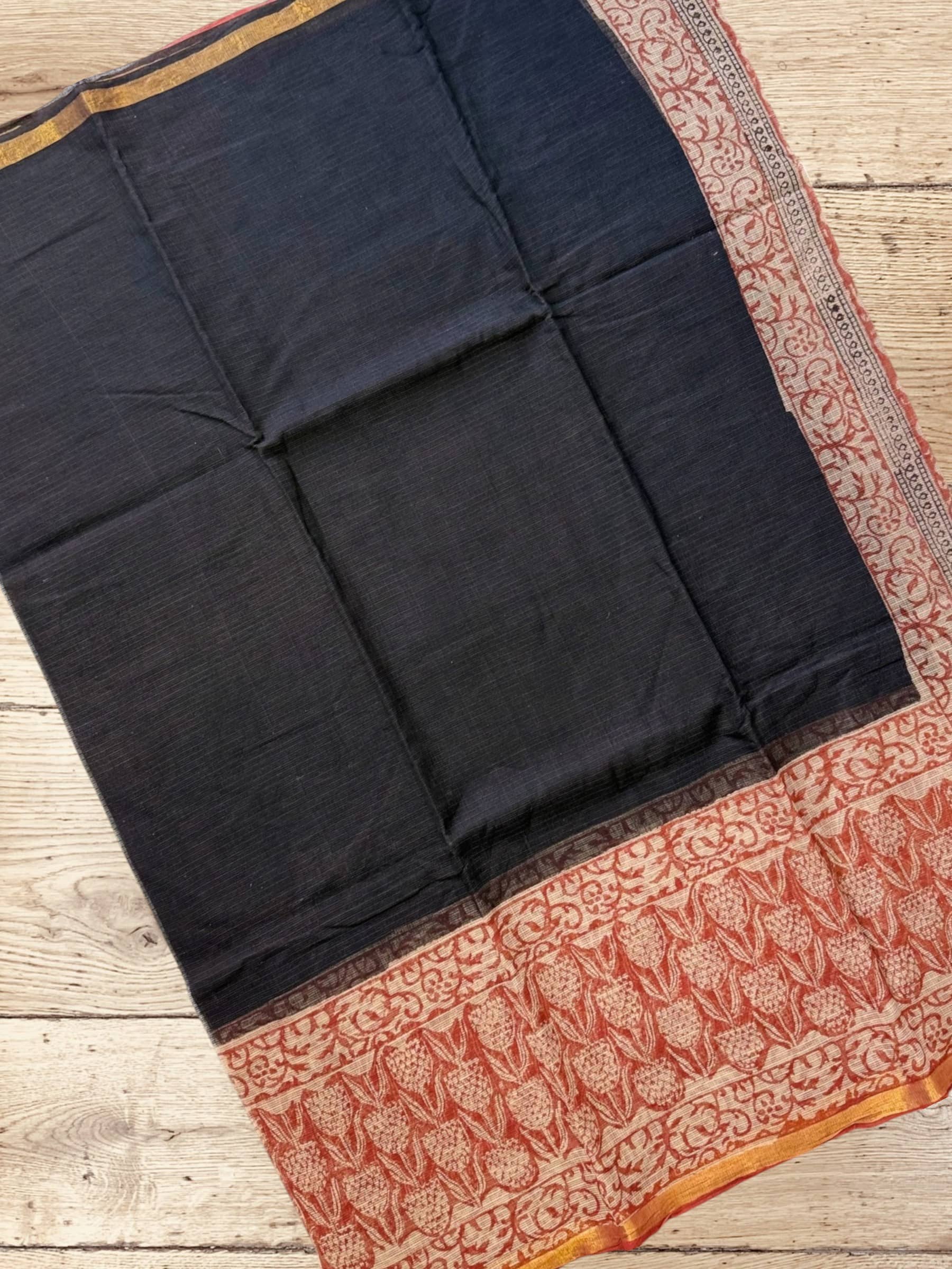 Kota Doria Bagru Block Print Saree in Black