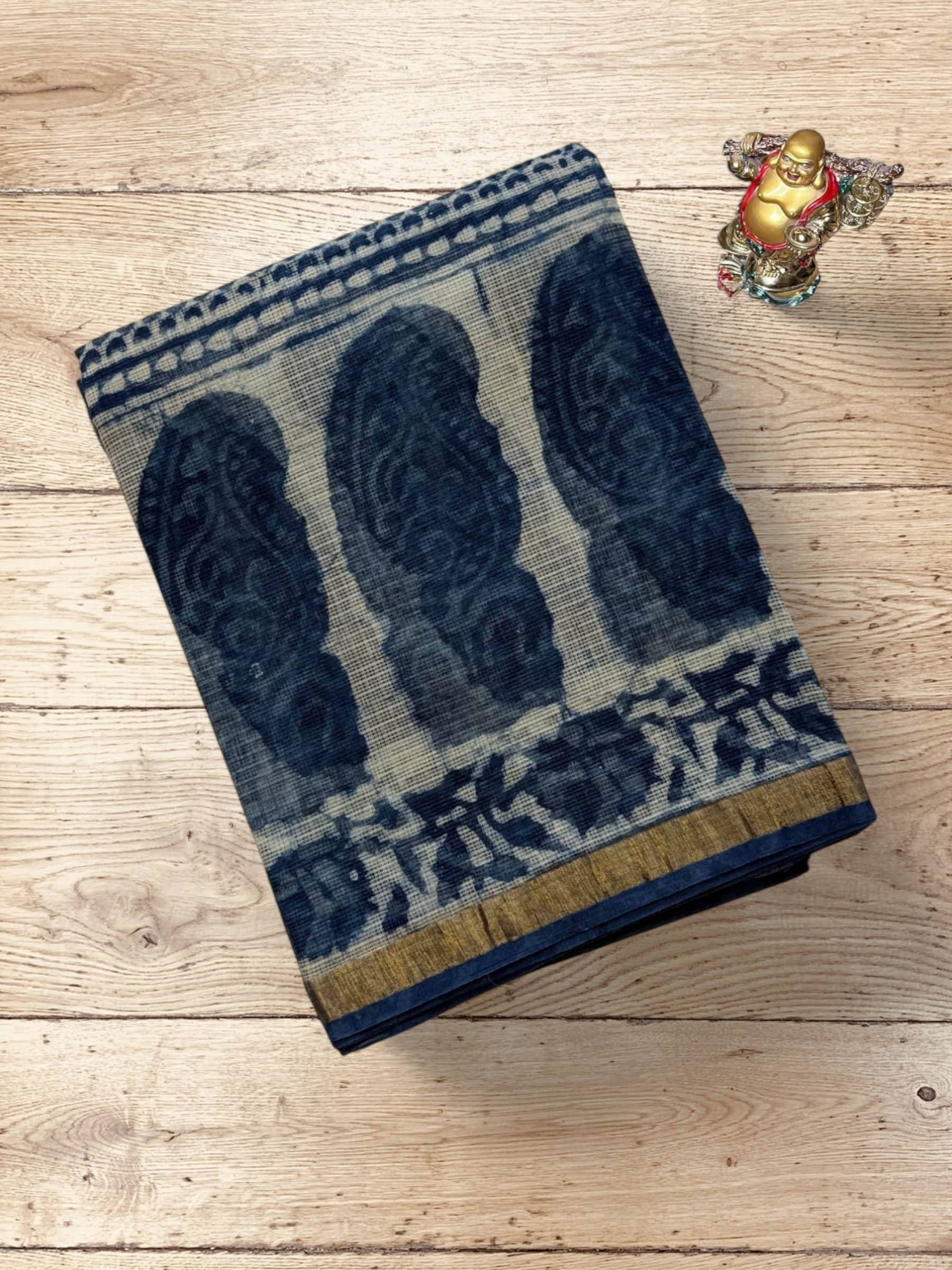 Kota Doria Bagru Block Print Saree in Blue