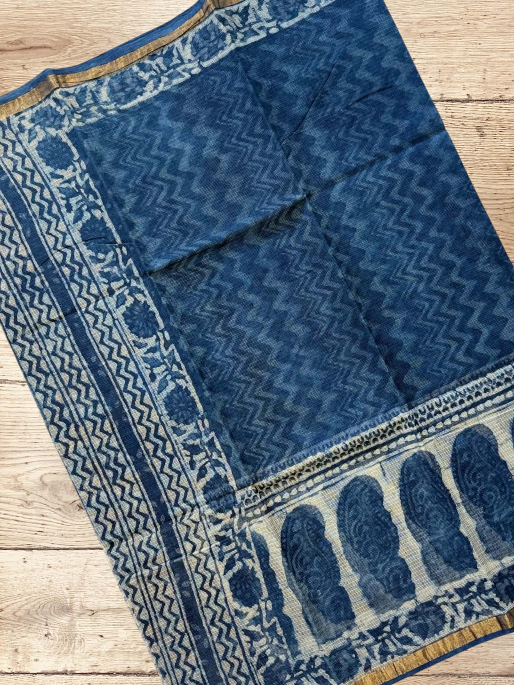 Kota Doria Bagru Block Print Saree in Blue