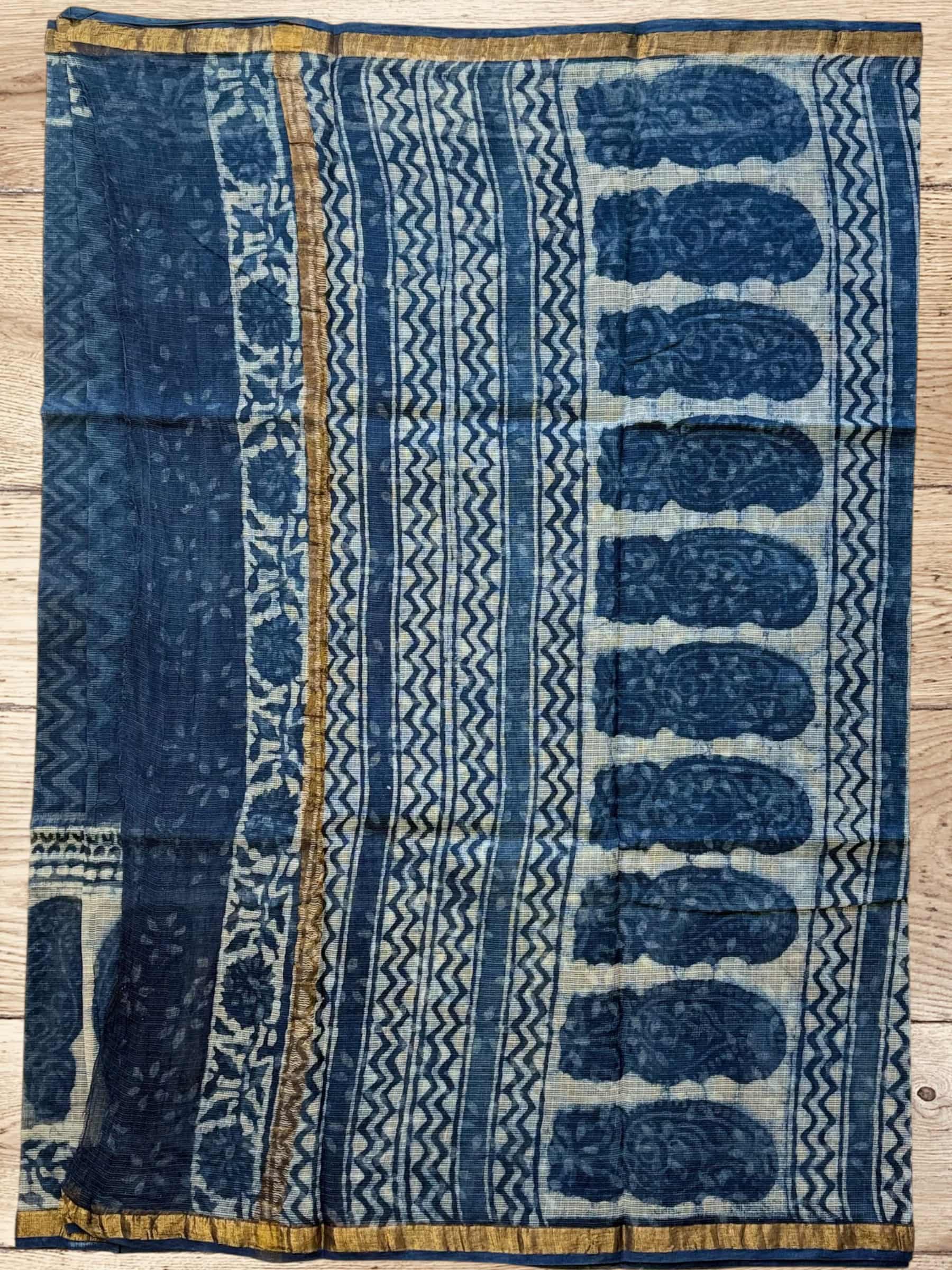 Kota Doria Bagru Block Print Saree in Blue
