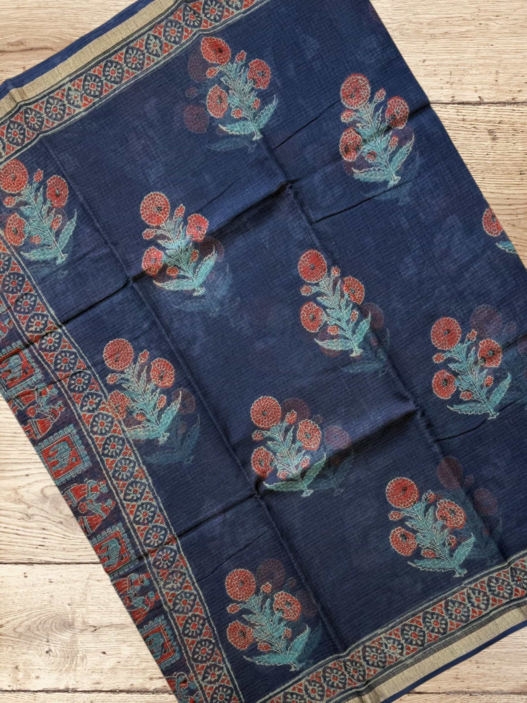 Kota Doria Bagru Block Print Saree in Blue