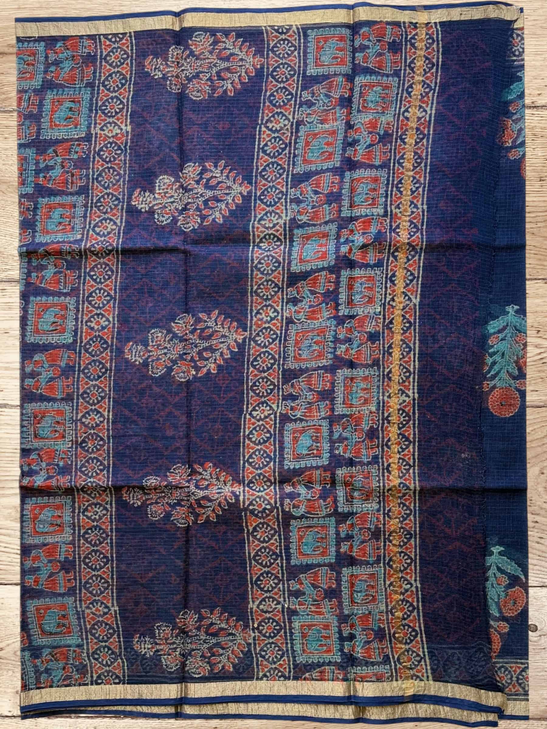 Kota Doria Bagru Block Print Saree in Blue
