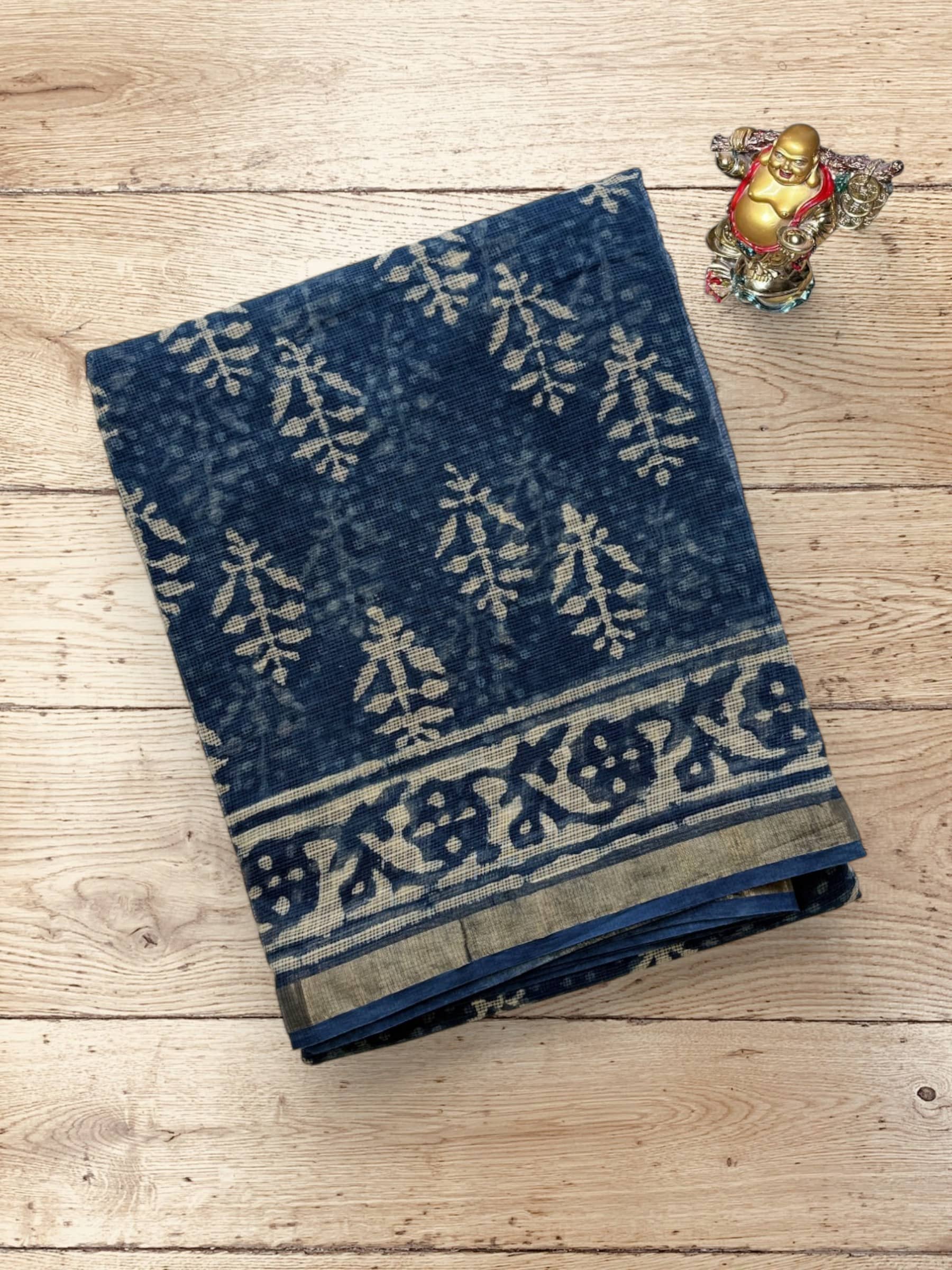 Kota Doria Bagru Block Print Saree in Blue