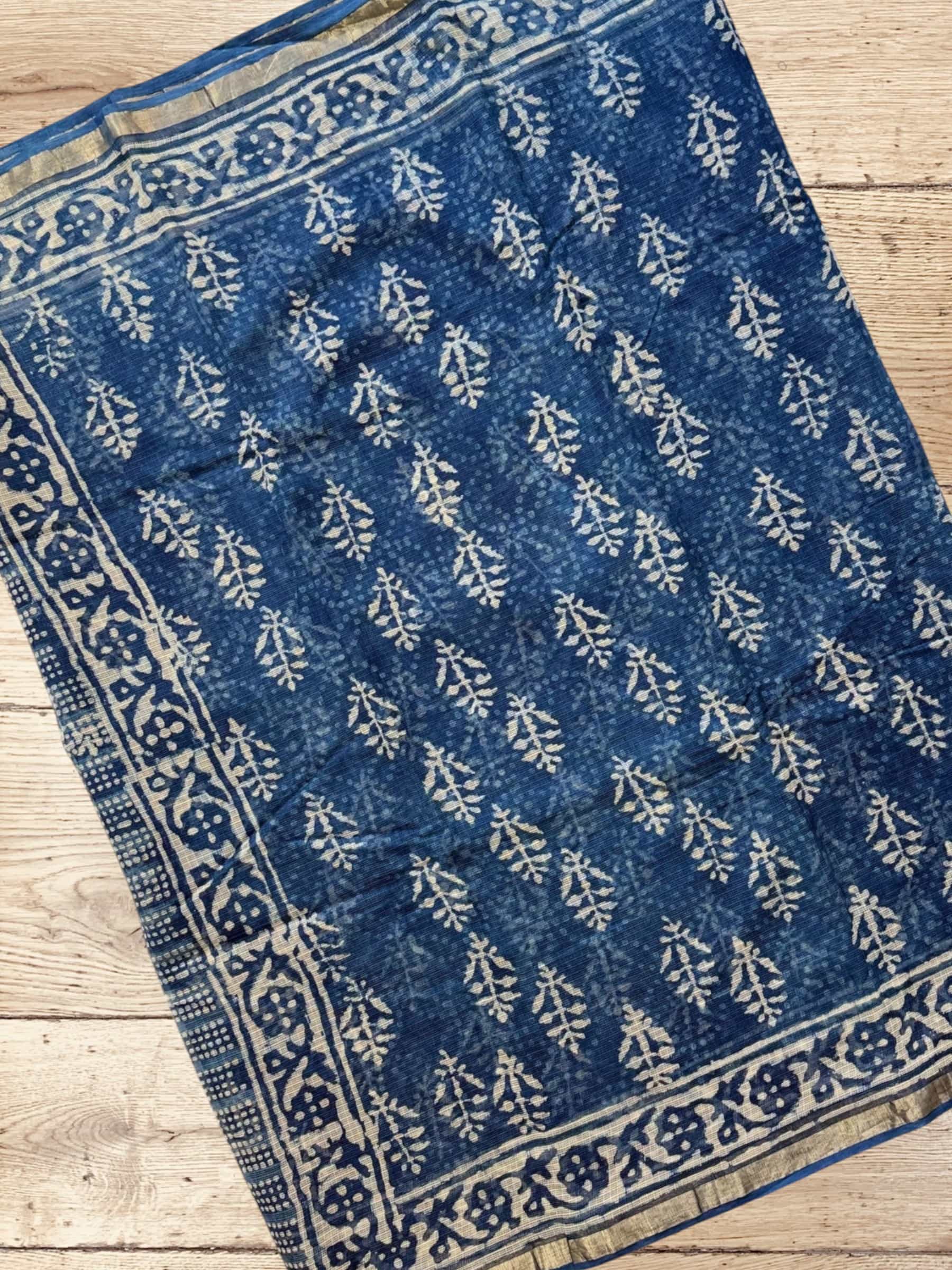 Kota Doria Bagru Block Print Saree in Blue