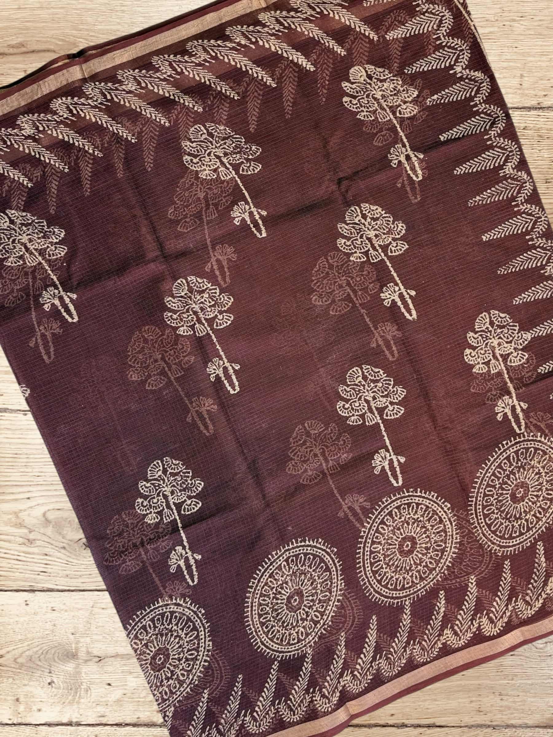Kota Doria Bagru Block Print Saree in Maroon